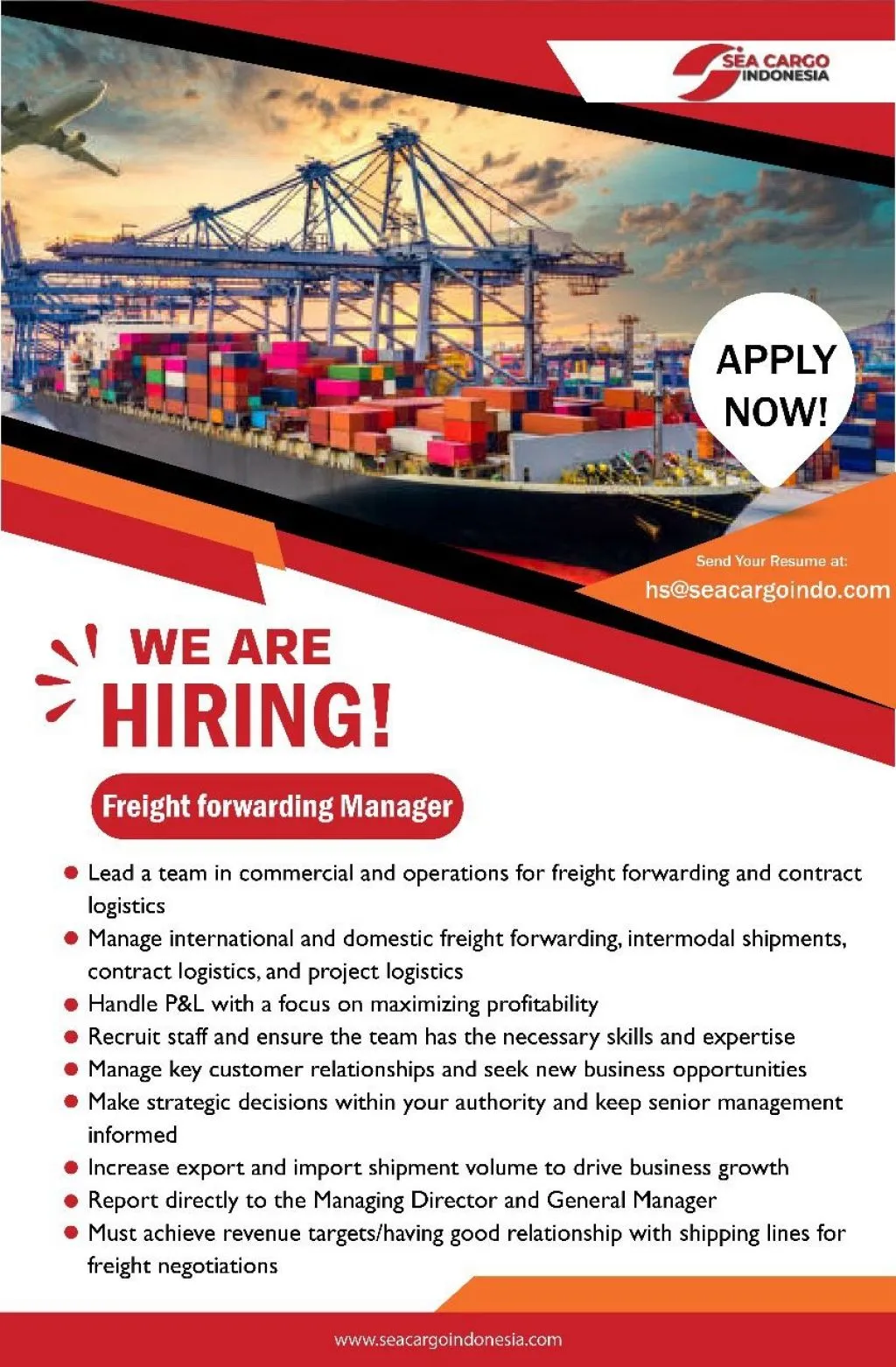 PT Sea Cargo Indonesia Butuh Freight Forwarding Manager
