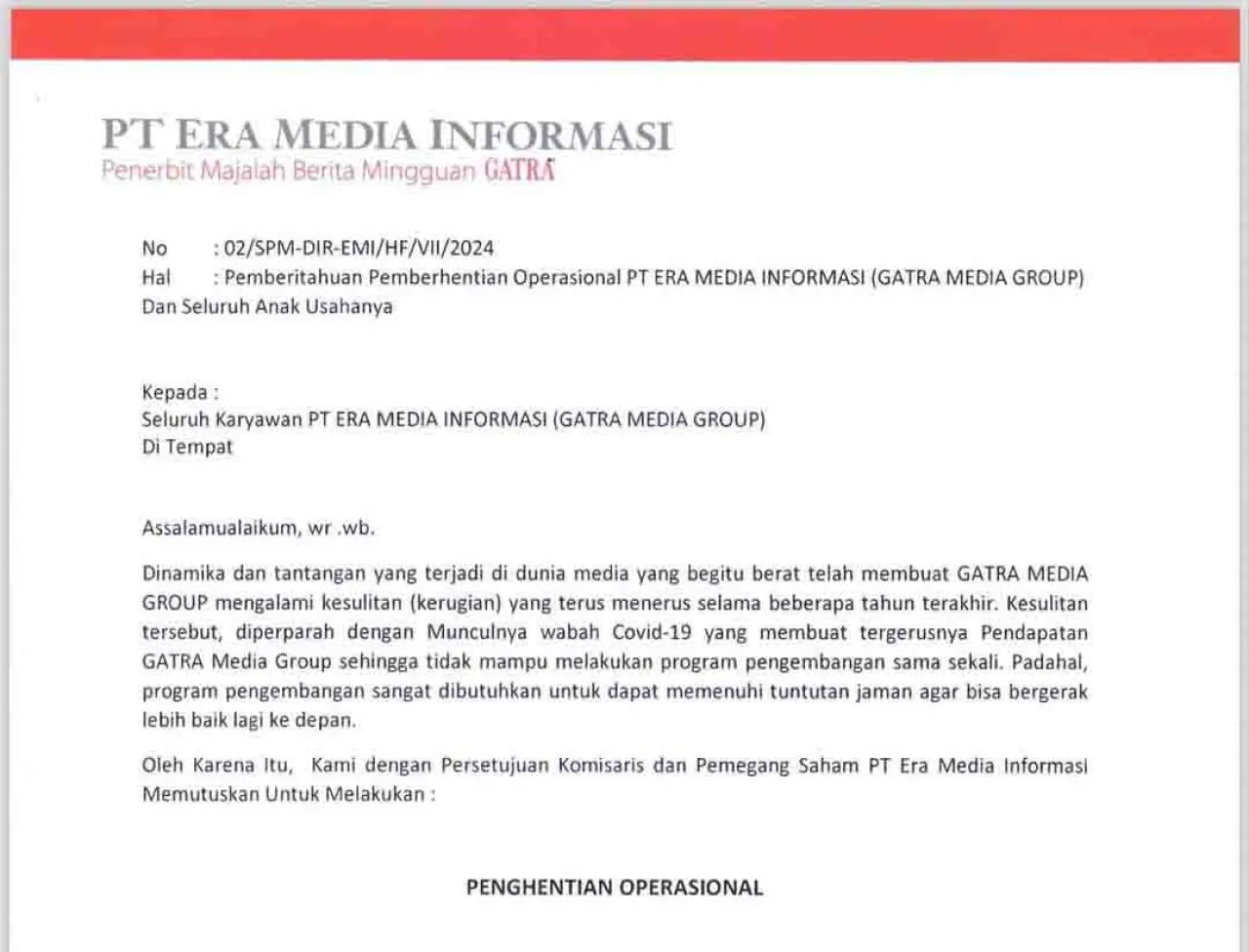 Gatra Media Group Berhenti Operasi Mulai 31 Juli 2024