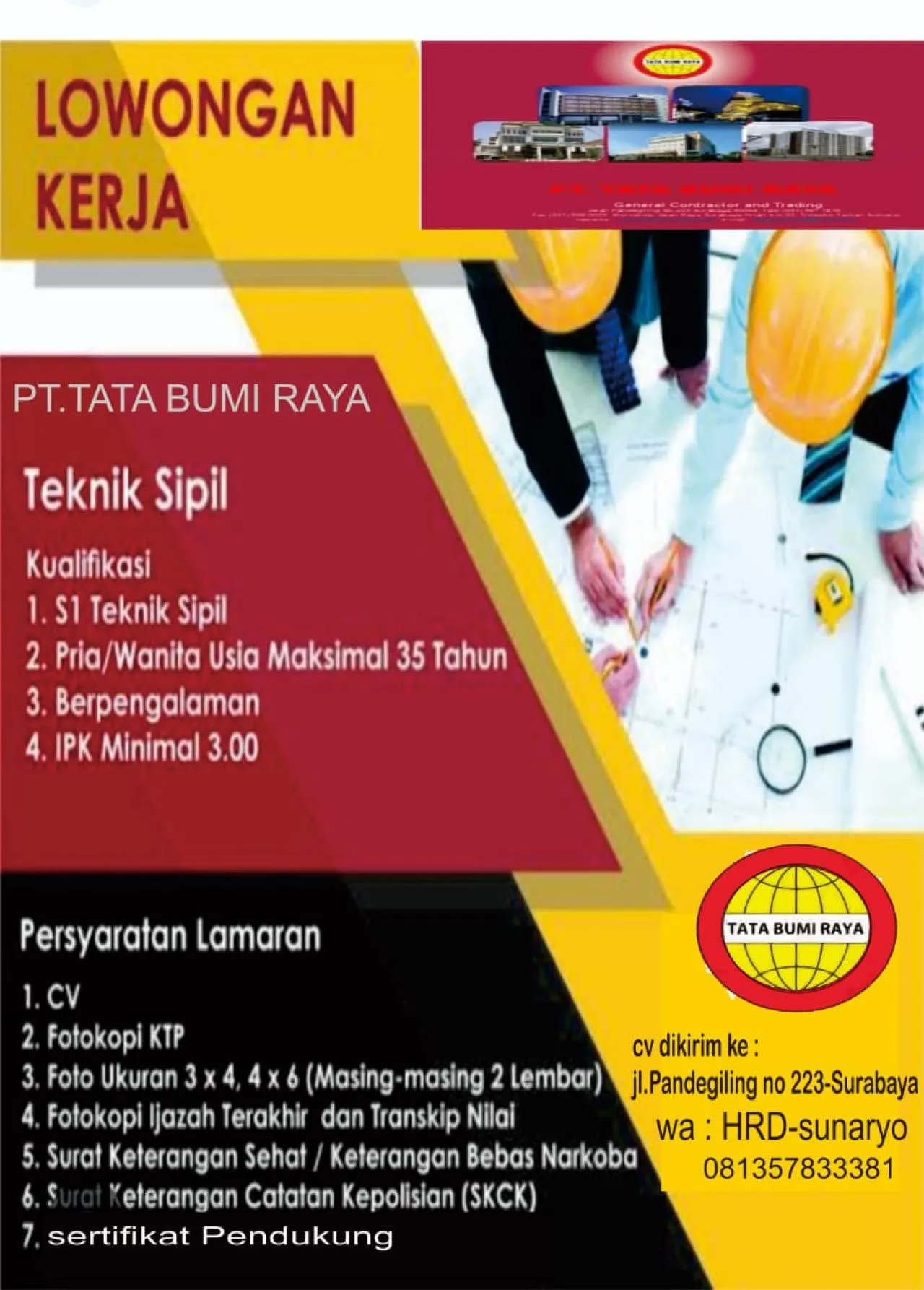 PT Tata Bumi Raya Buka Lowongan Kerja Sebagai Teknik Sipil