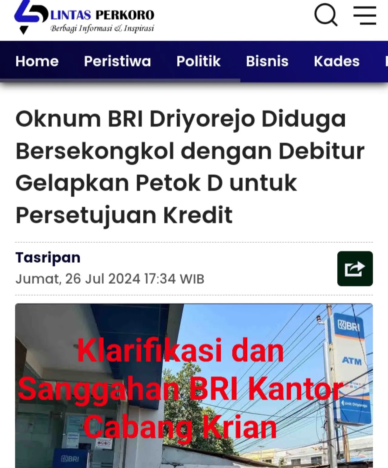 Sanggahan BRI Krian Tentang Tudingan Penggelapan Petok D