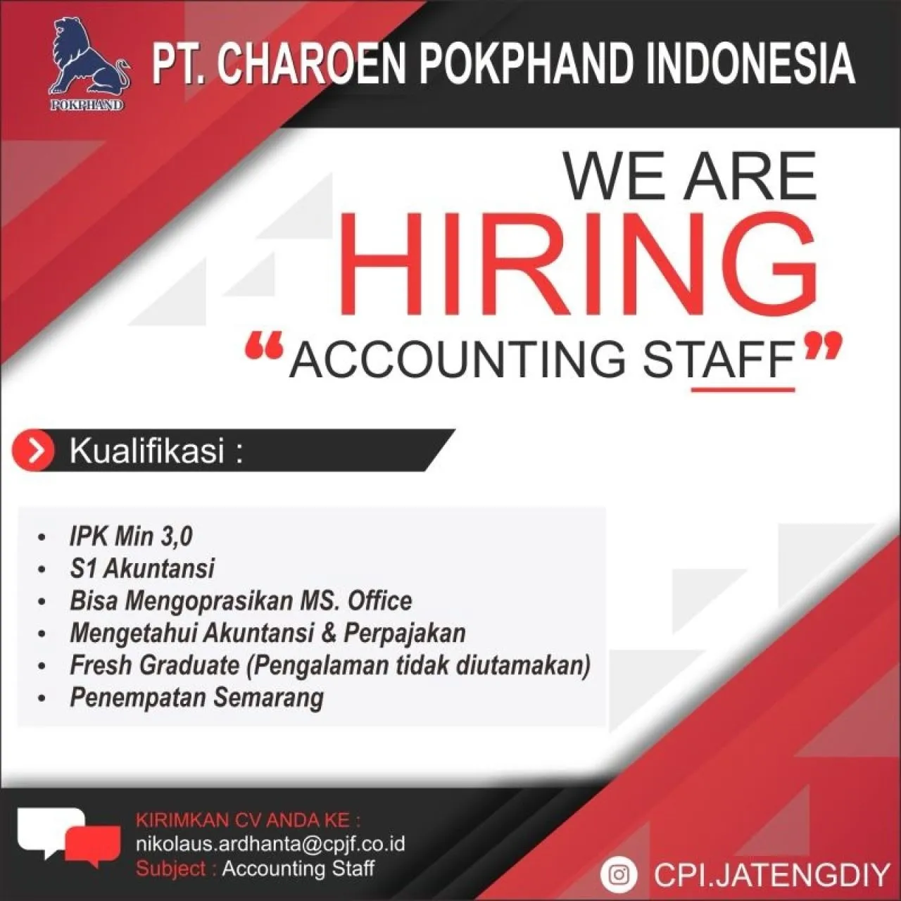PT Charoen Pokphand Indonesia Buka Lowongan Accounting Staf