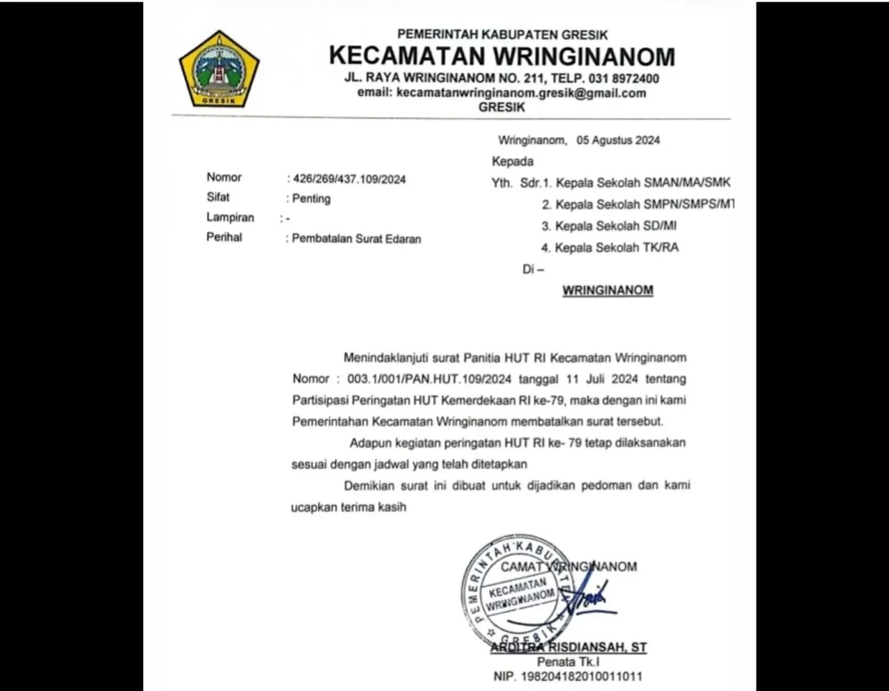Camat Wringinanom Terbitkan Surat Pembatalan Penarikan Iuran HUT RI