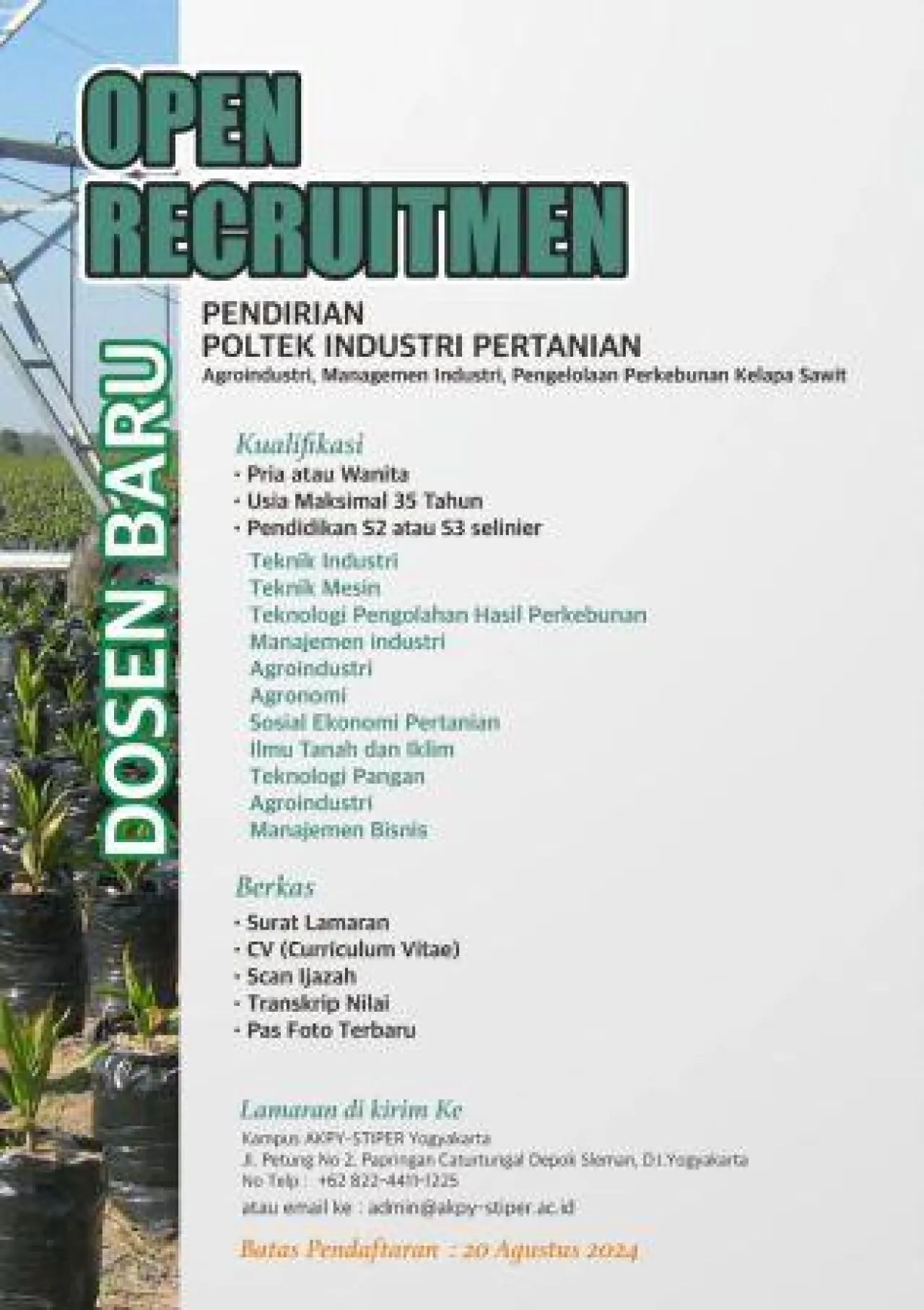 Lowongan sebagai Dosen di Poltek Industri Pertanian