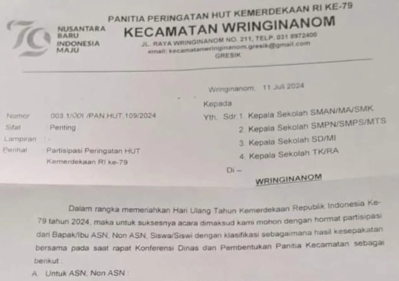 Surat Camat Wringinanom Berisi Iuran untuk ASN Sampai Murid TK