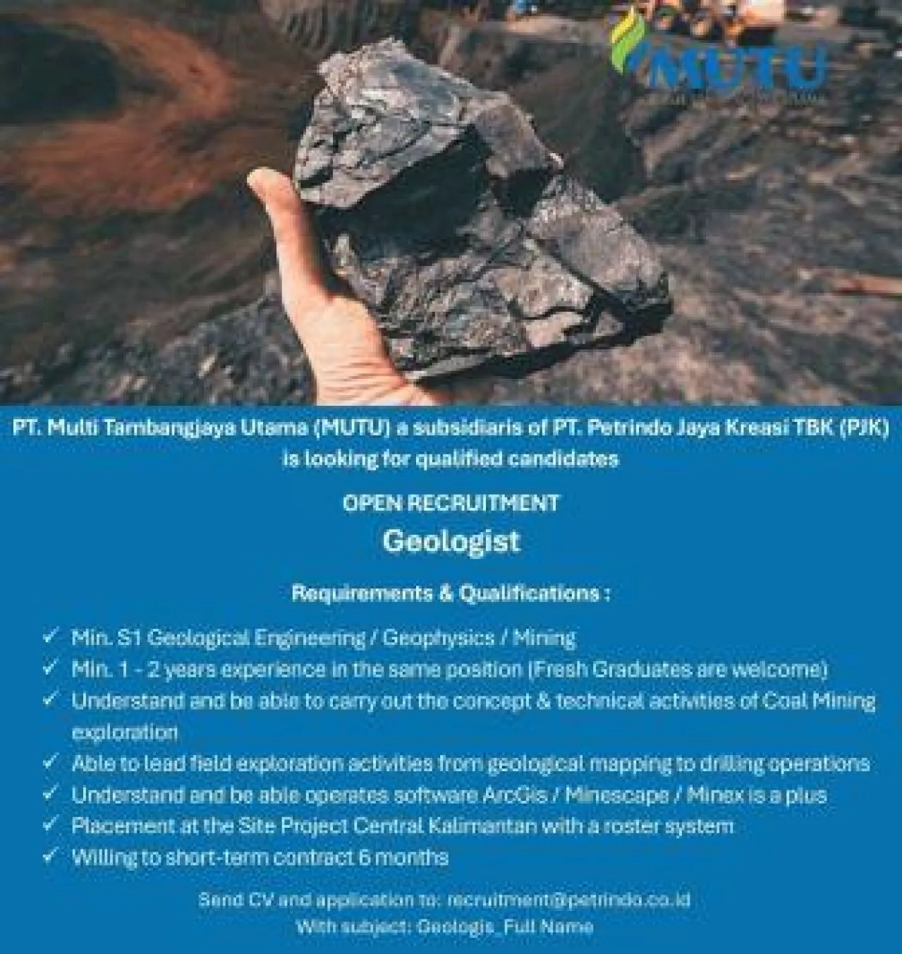 PT Multi Tambangjaya Utama Open Recruitmen Geologist