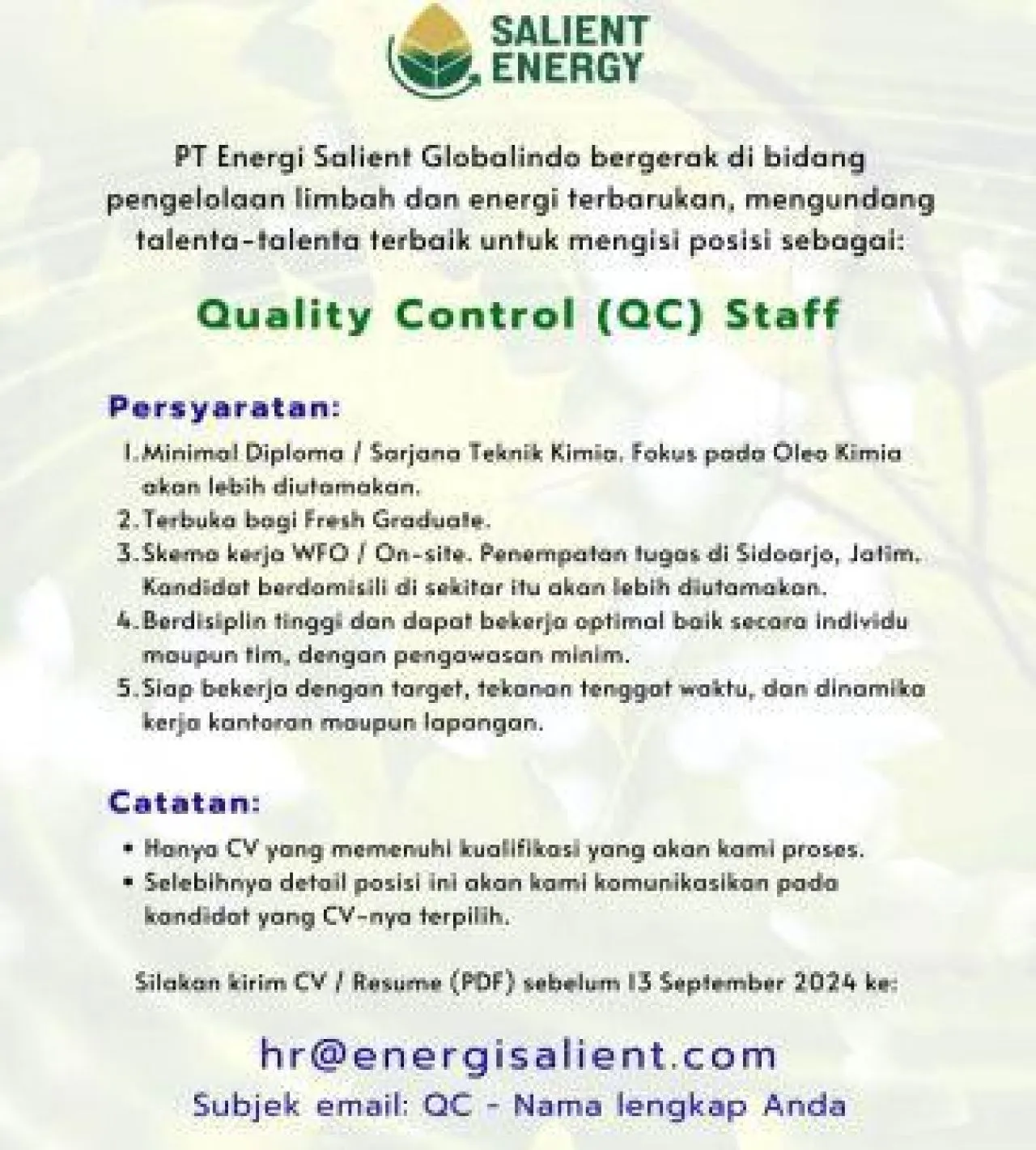 Lowongan sebagai Quality Control Staff di Kabupaten Sidoarjo