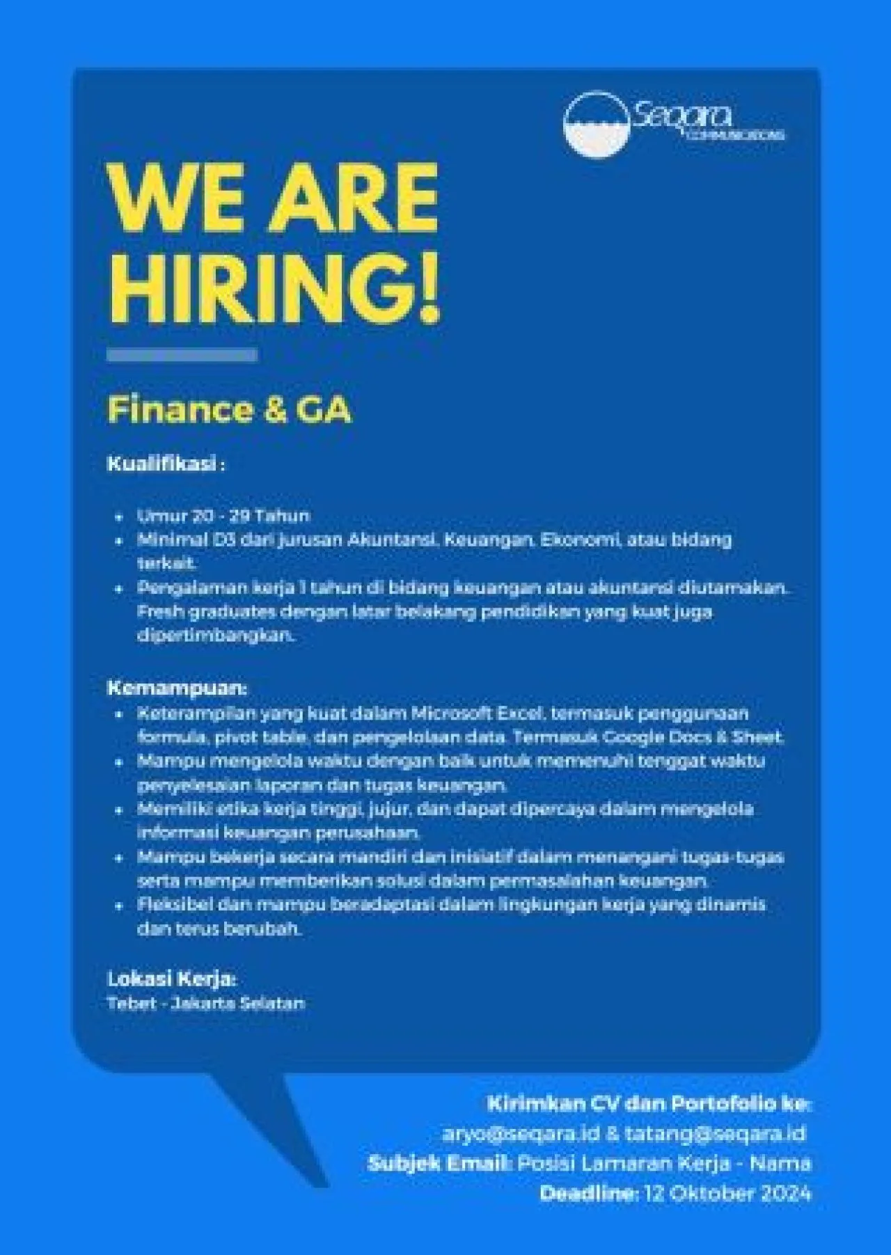 SEQARA Communications Mencari Kandidat Sebagai Finance dan General Affair