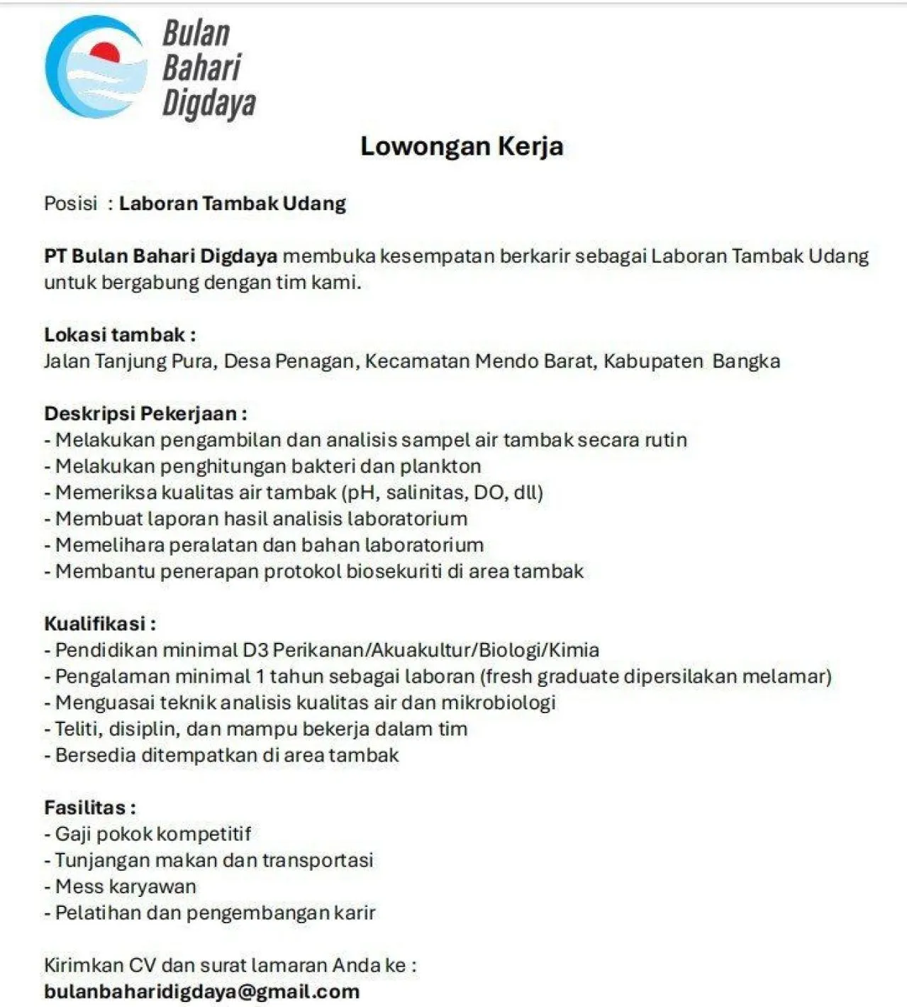 PT Bulan Bahari Digdaya Buka Lowongan sebagai Laboran Tambak Udang