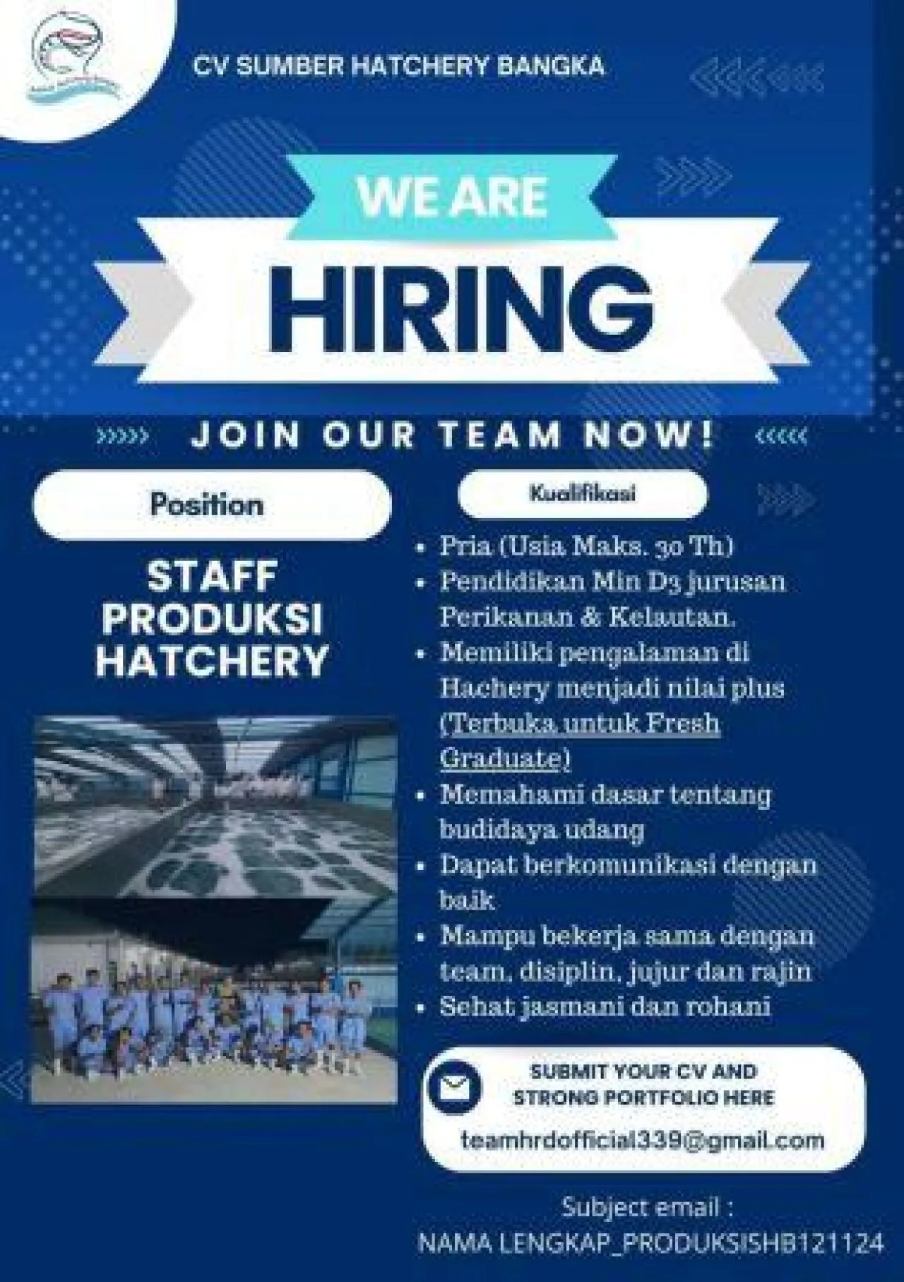 CV Sumber Hatchery Bangka Buka Lowongan Staf Produksi