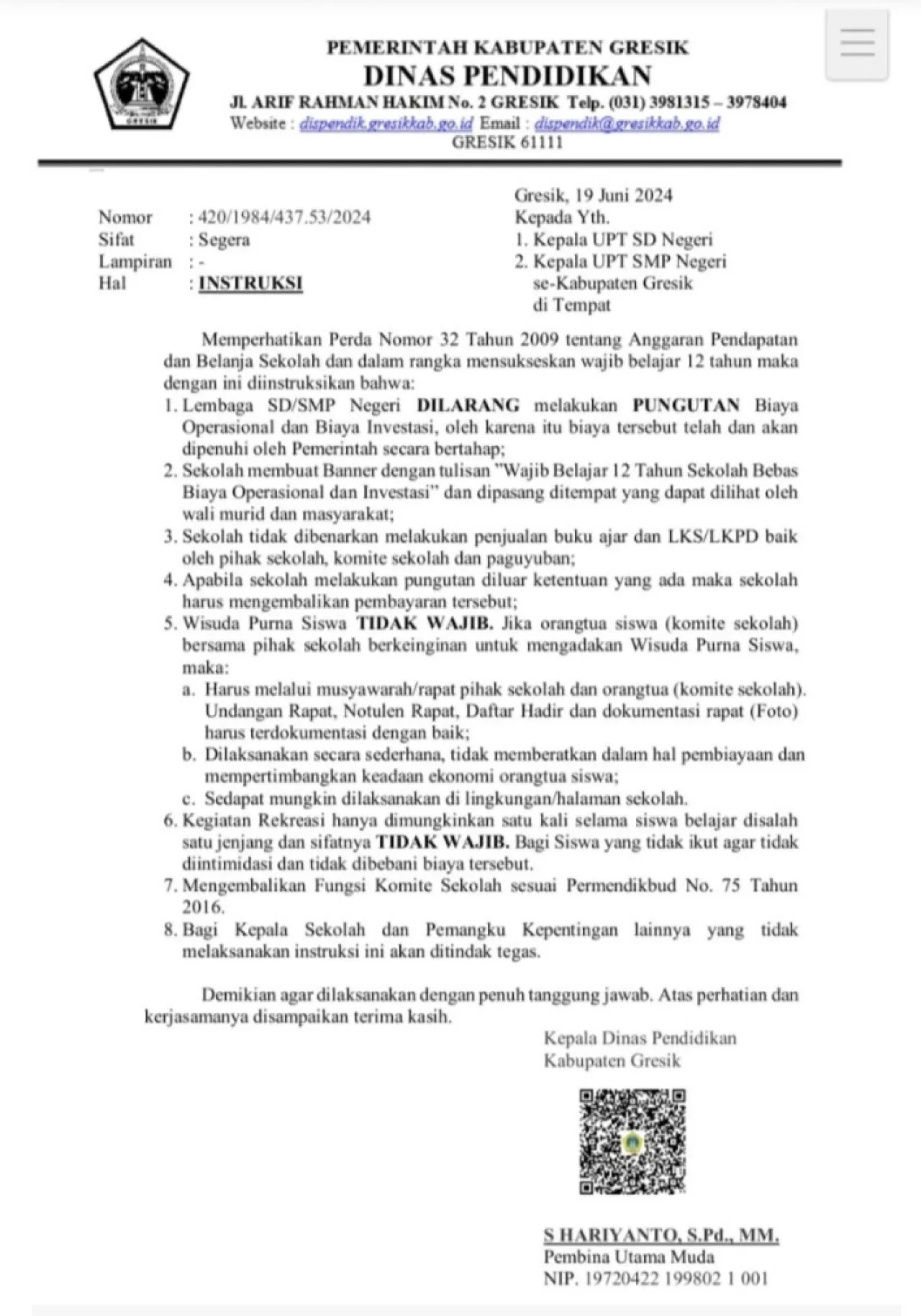 Surat instruksi Kepala Dinas Pendidikan Gresik