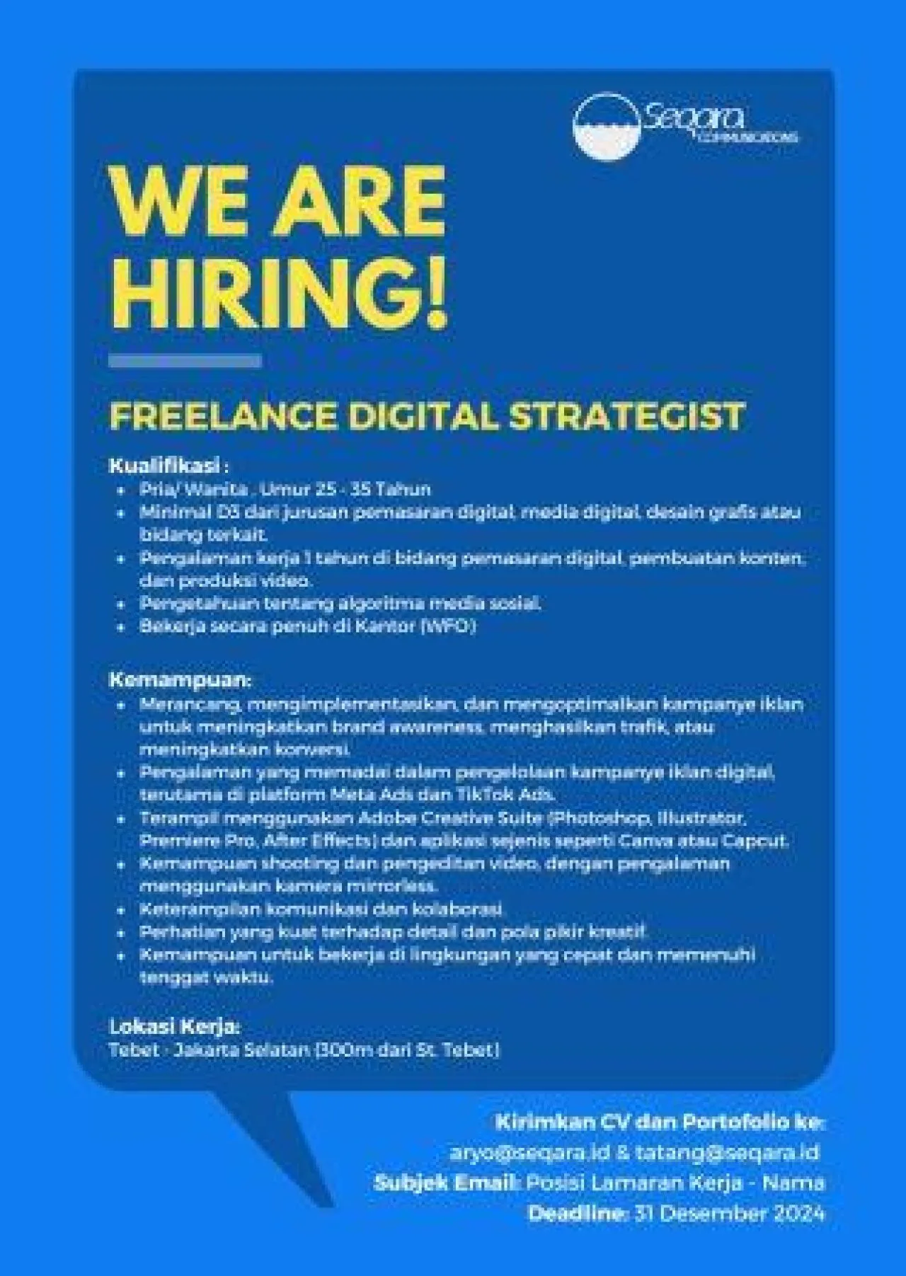 Seqara Communications Buka Freelance Digital Strategist