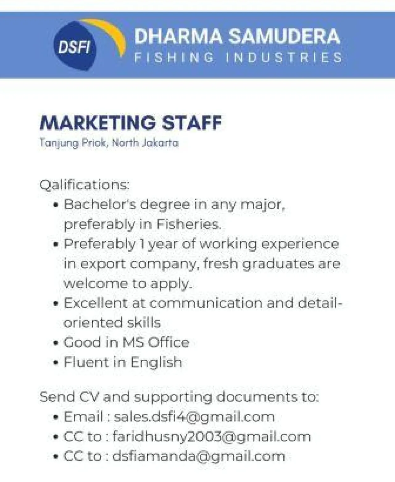 PT Dharma Samudera Buka Lowongan Marketing Staff