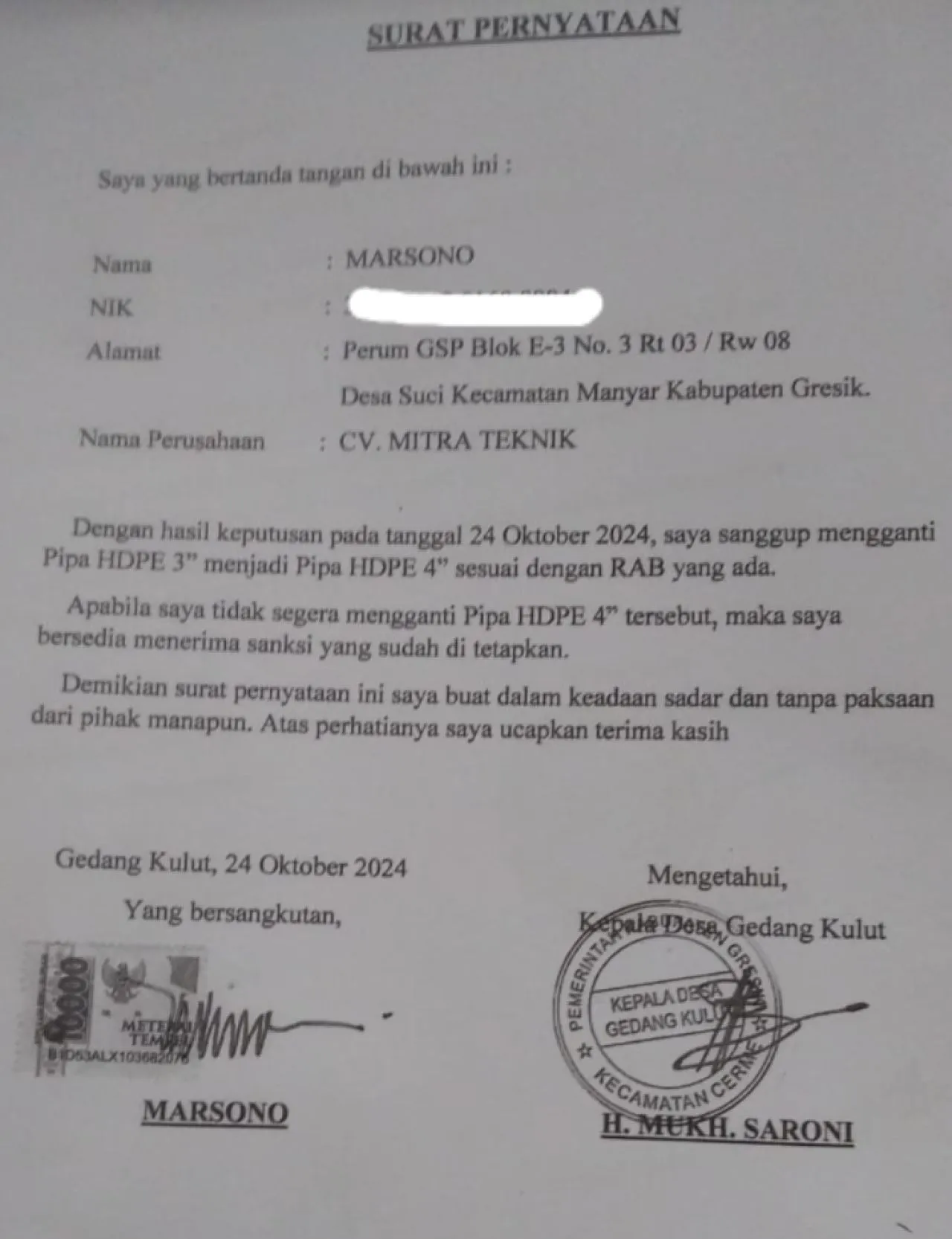 Pengurus CV Mitra Teknik Akui Pasang Pipa PDAM Giri Tirta Gresik Tidak Sesuai RAB