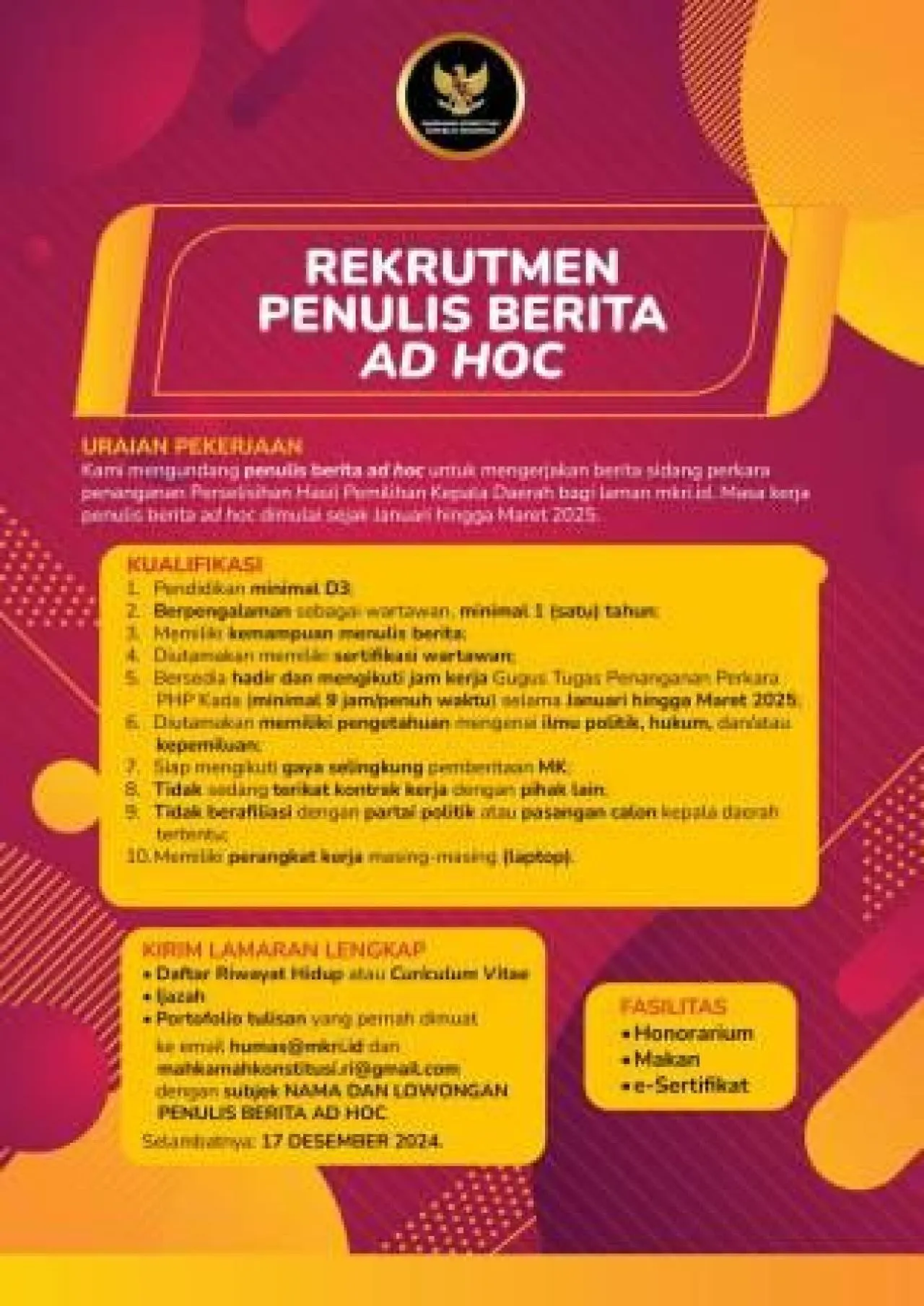 Rekrutmen Penulis Berita Ad Hoc di Mahkamah Konstitusi