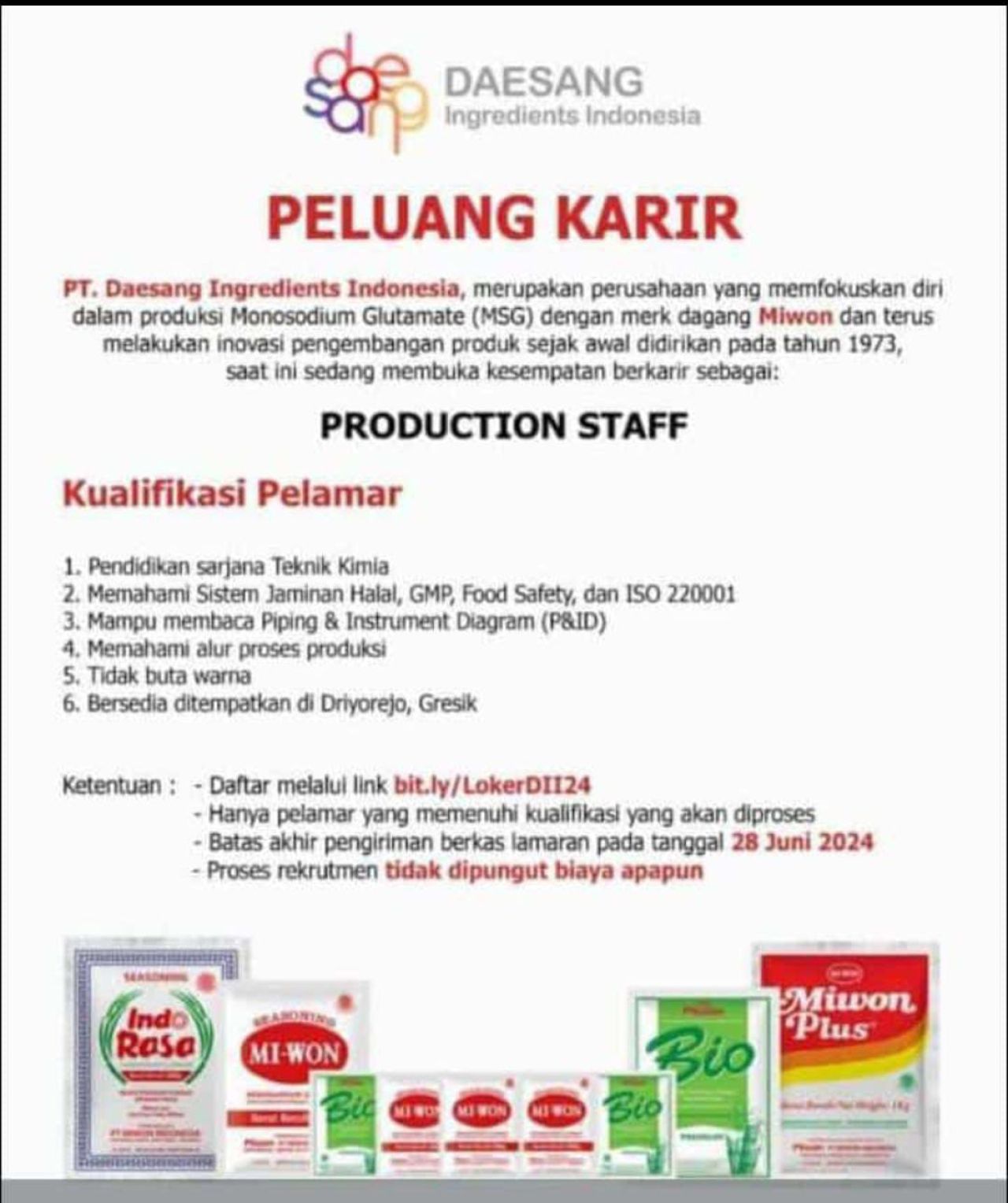 Lowongan kerja di PT Daesang Ingredients
