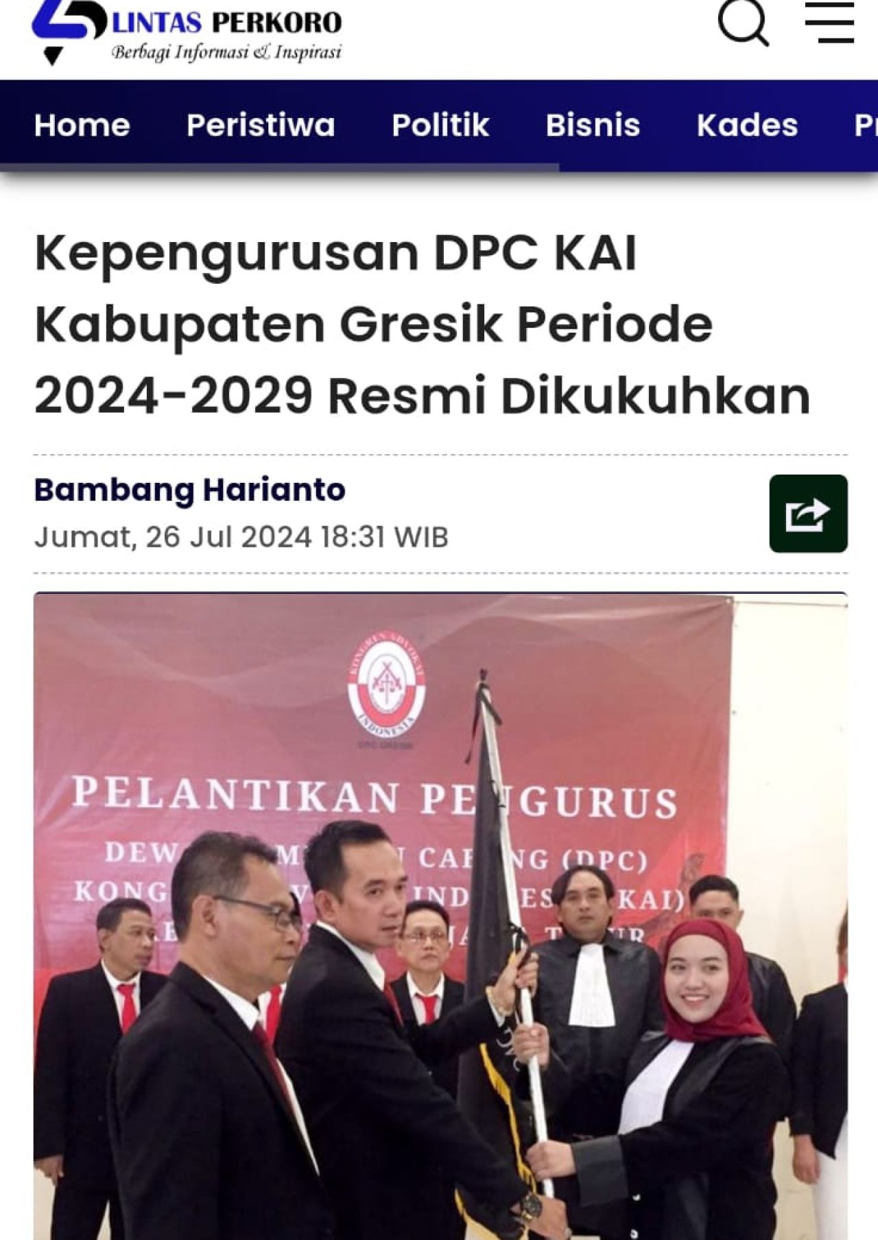 Tangkapan layar ponsel pemberitaan tentang pengukuhan KAI 2008