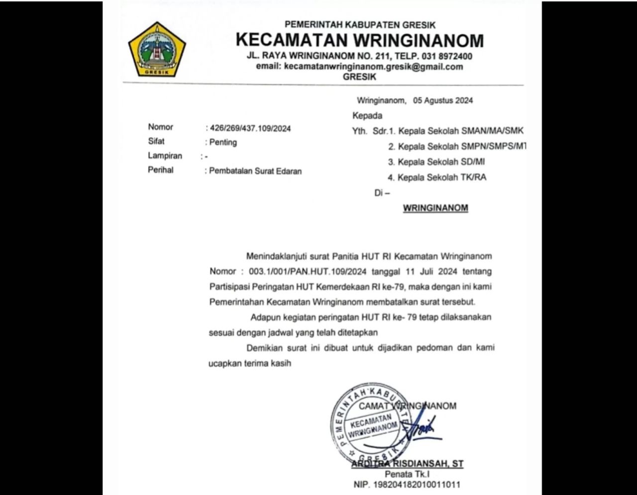 Surat pembatalan dari Camat Wringinanom