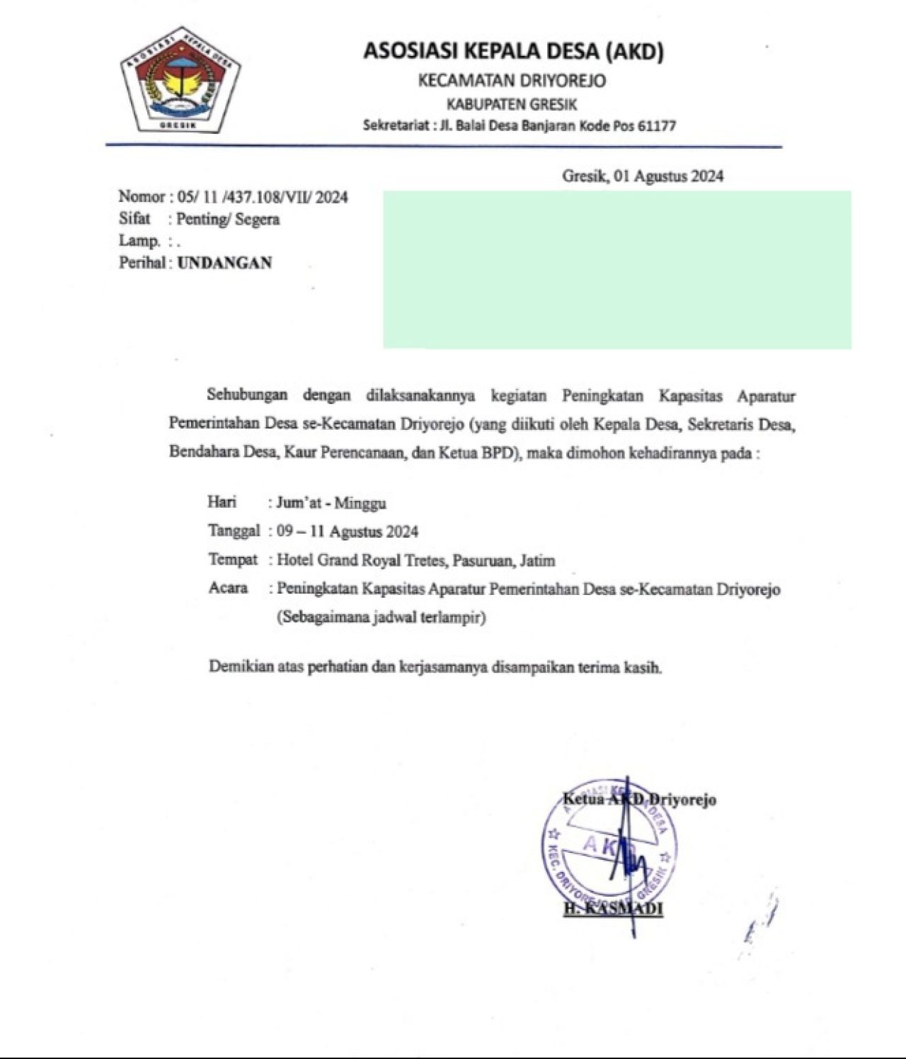Surat undangan dari Ketua AKD Kecamatan Driyorejo