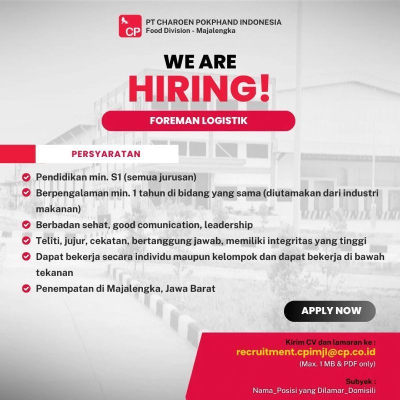 Lowongan kerja di Charoen Pokphand