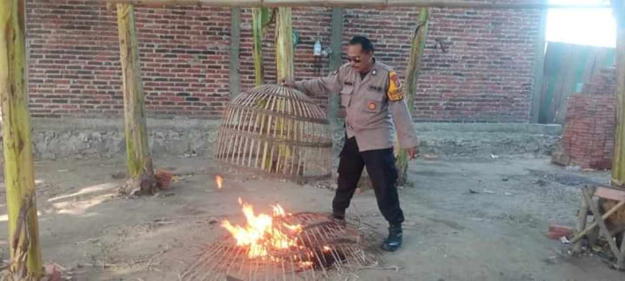 Personil Polsek Tarik membakar sangkar ayam di Desa Klantingsari