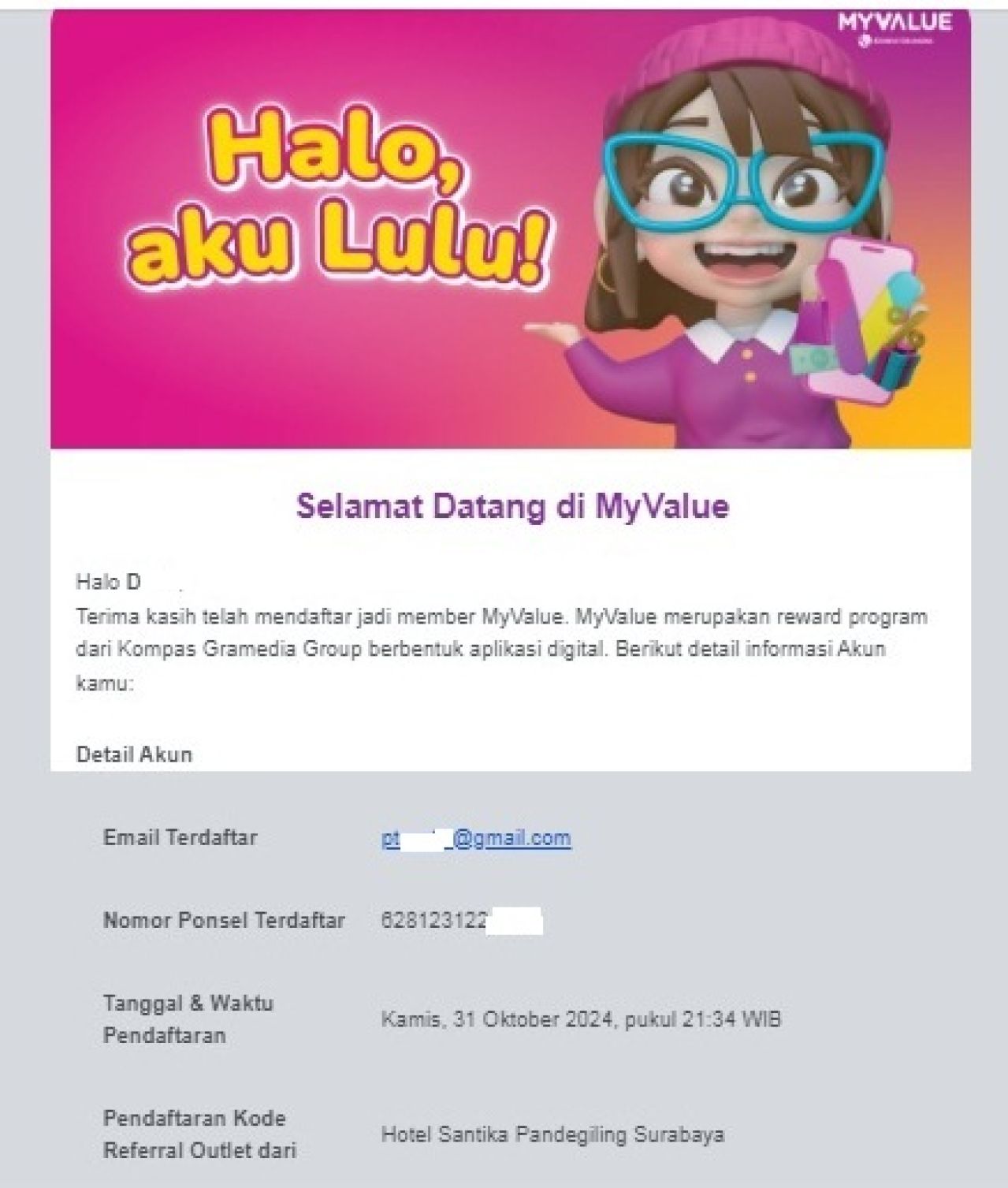 Penyalahgunaan data pribadi di aplikasi MyValue, terdaftar di Hotel Santika Pandegiling