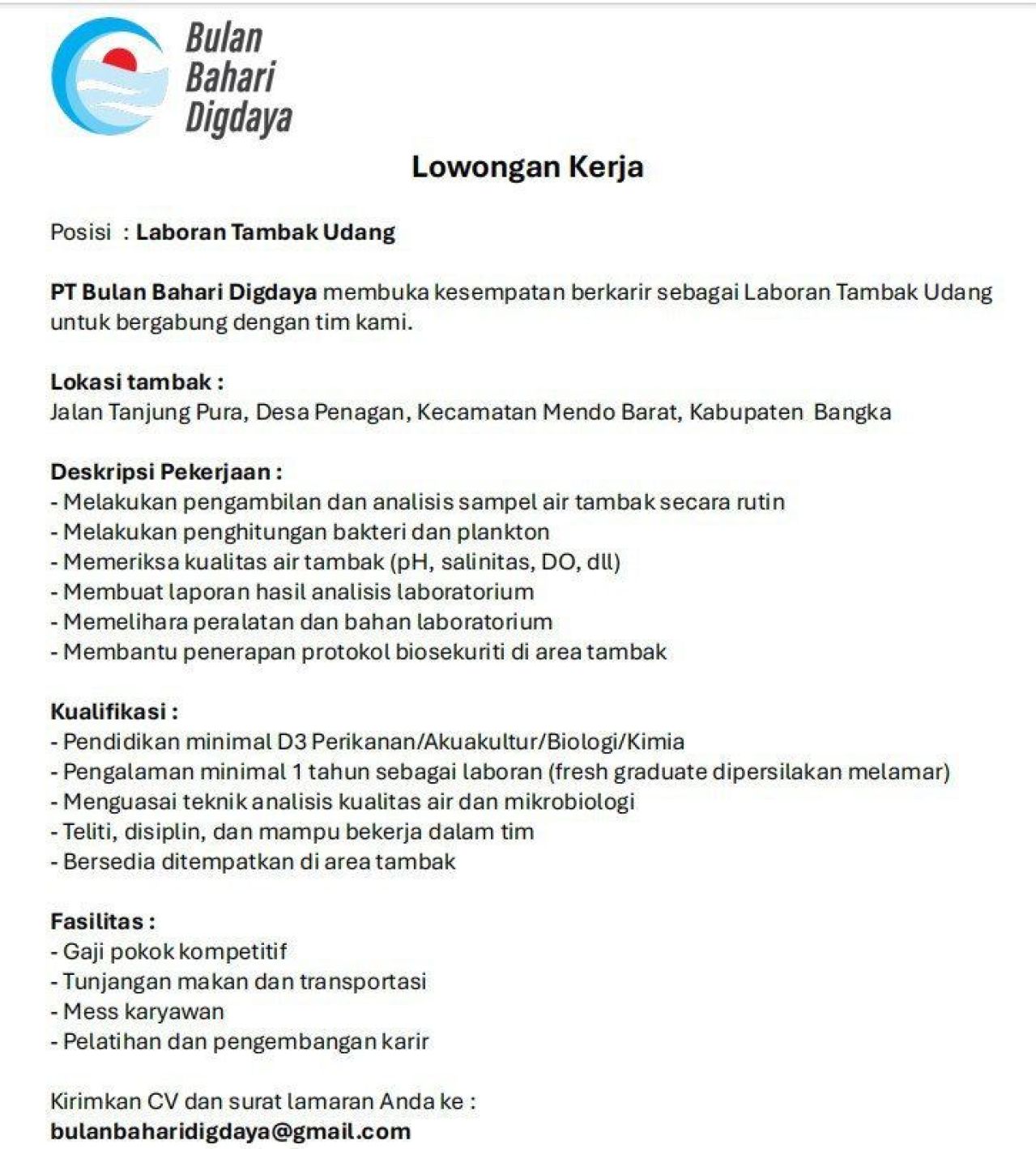 Lowongan sebagai Laboran Tambak Udang