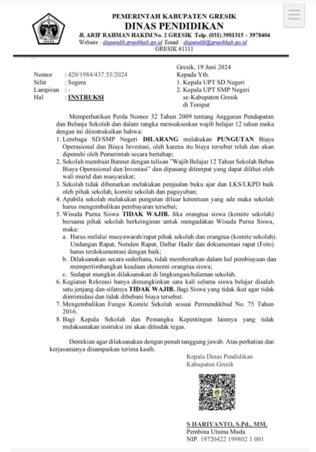Surat instruksi Kepala Dinas Pendidikan Gresik