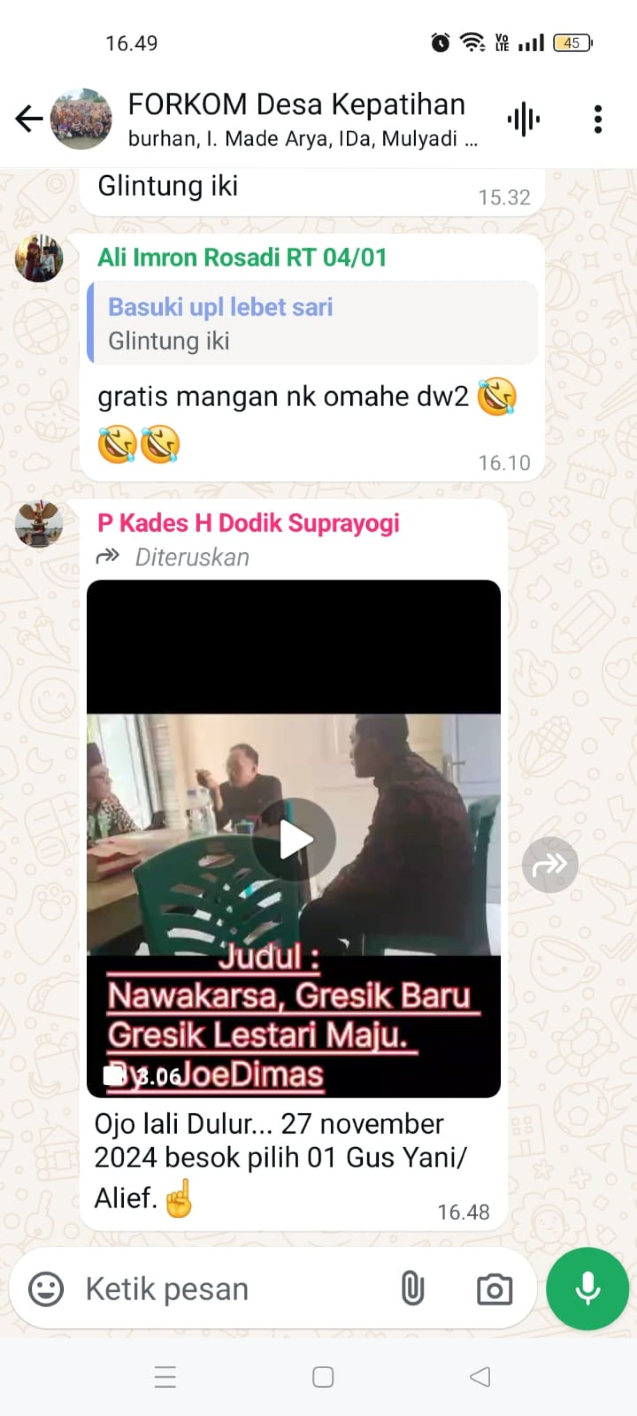 Tangkapan layar ajakan Kepala Desa Kepatihan mengajak pilih paslon