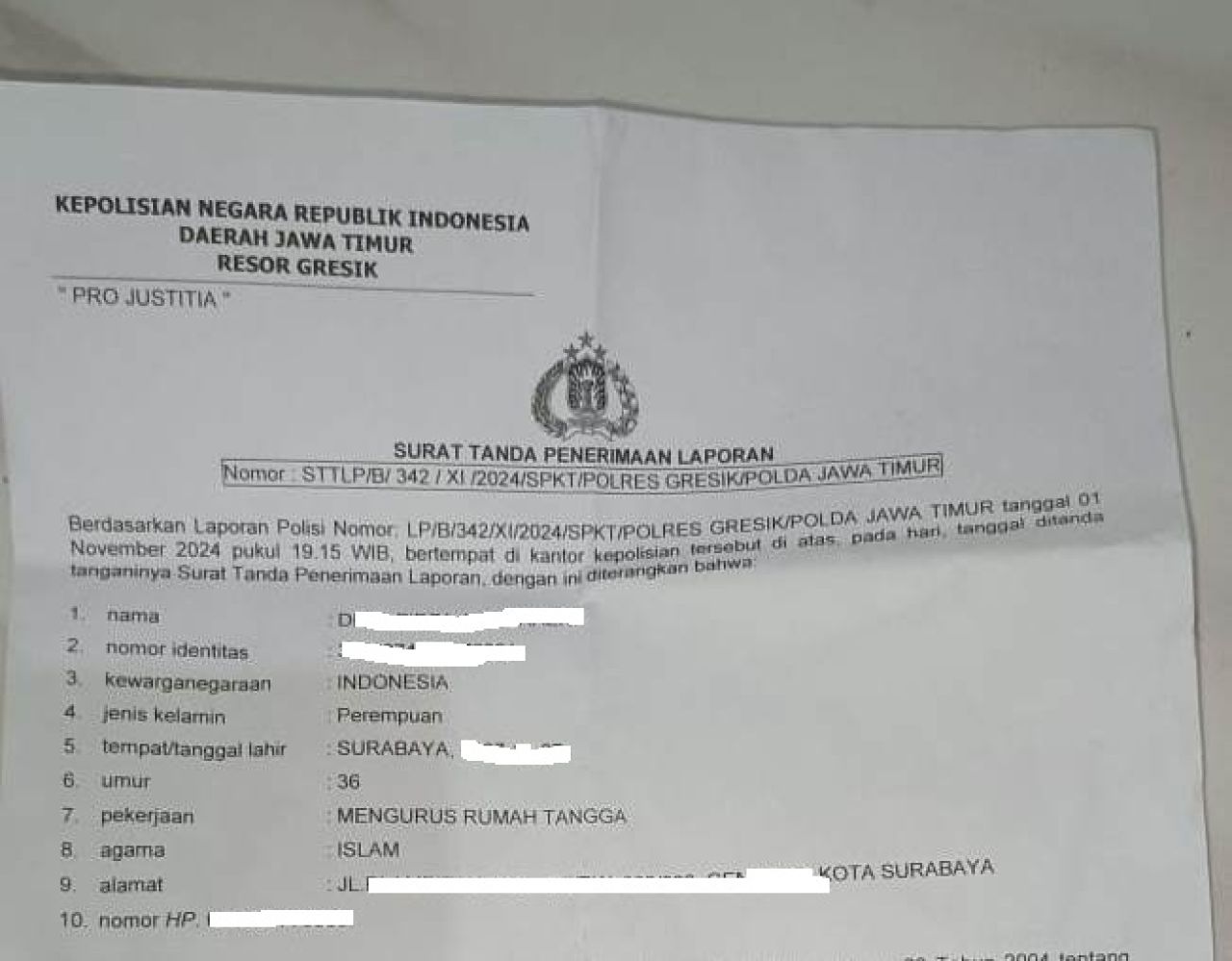 Bukti lapor DFA di Polres Gresik