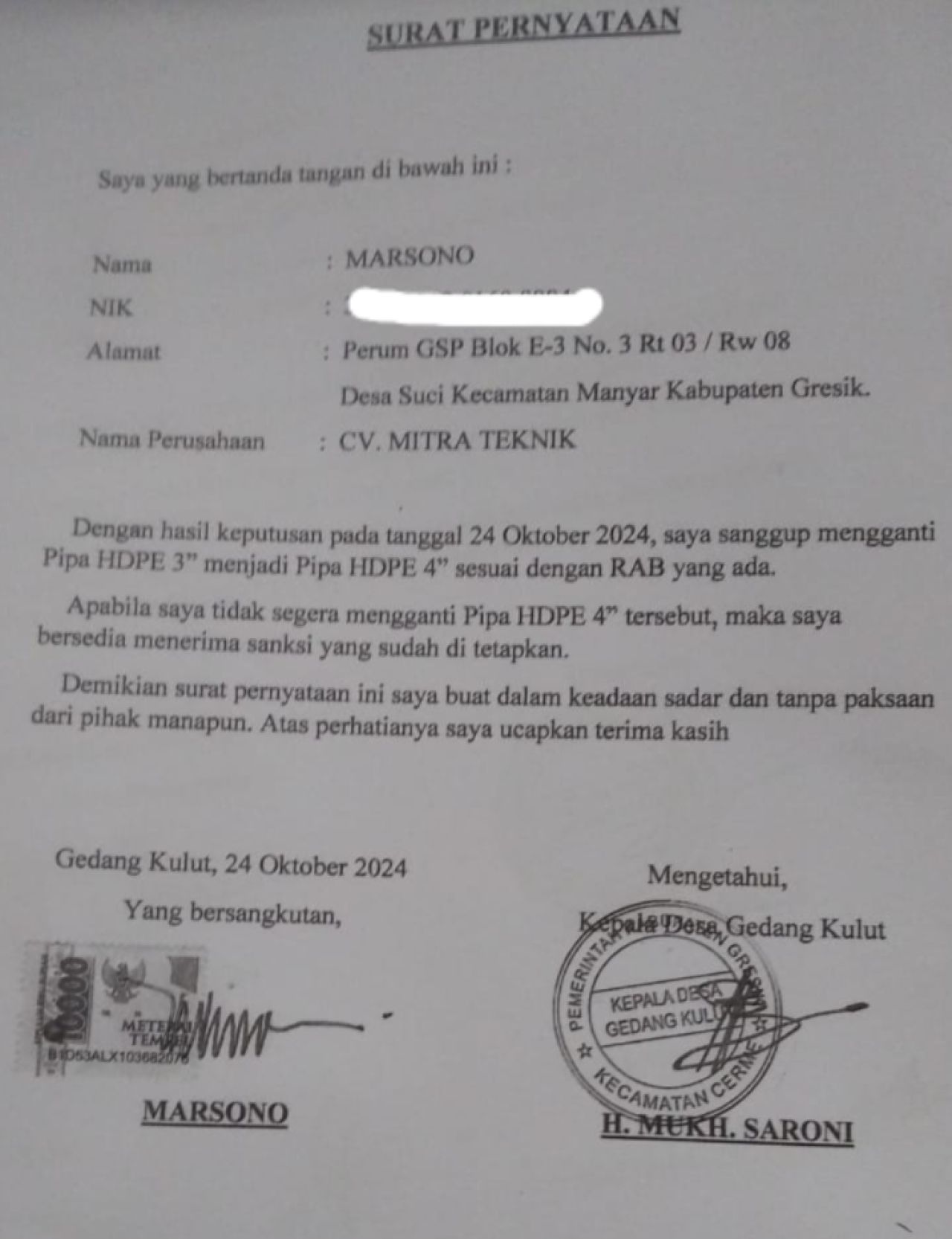 Surat pernyataan pengurus CV Mitra Teknik