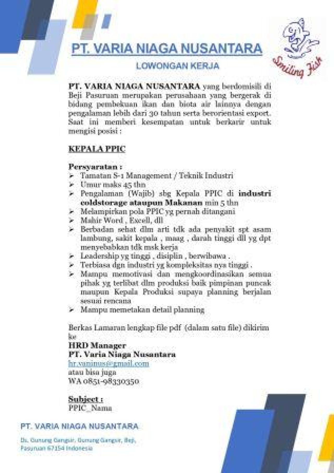 Lowongan kerja di  PT Varia Niaga Nusantara