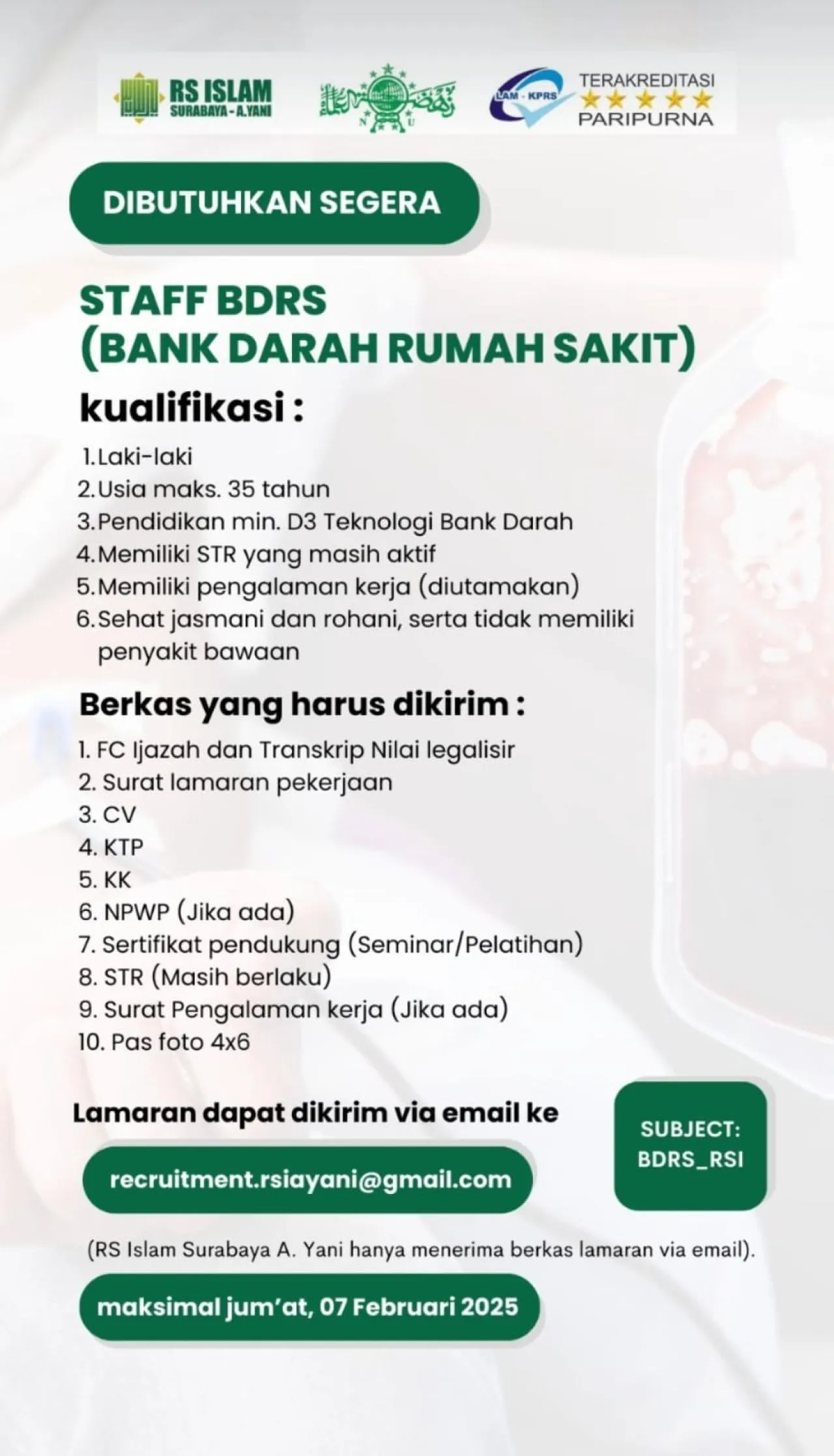 RS Islam Surabaya Buka Lowongan Staf Bank Darah