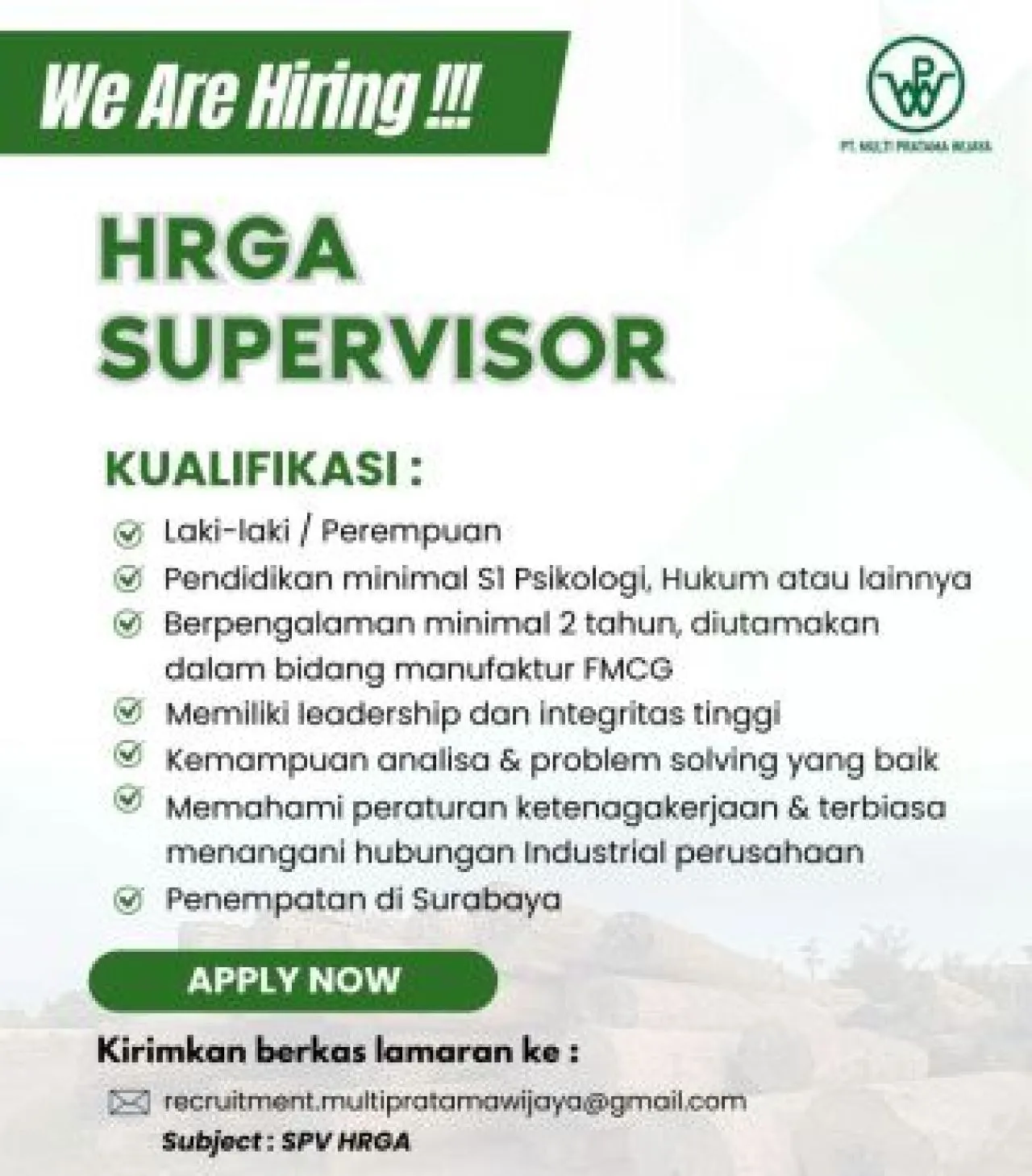 Lowongan Kerja di PT Multi Pratama Wijaya, Penempatan di Surabaya
