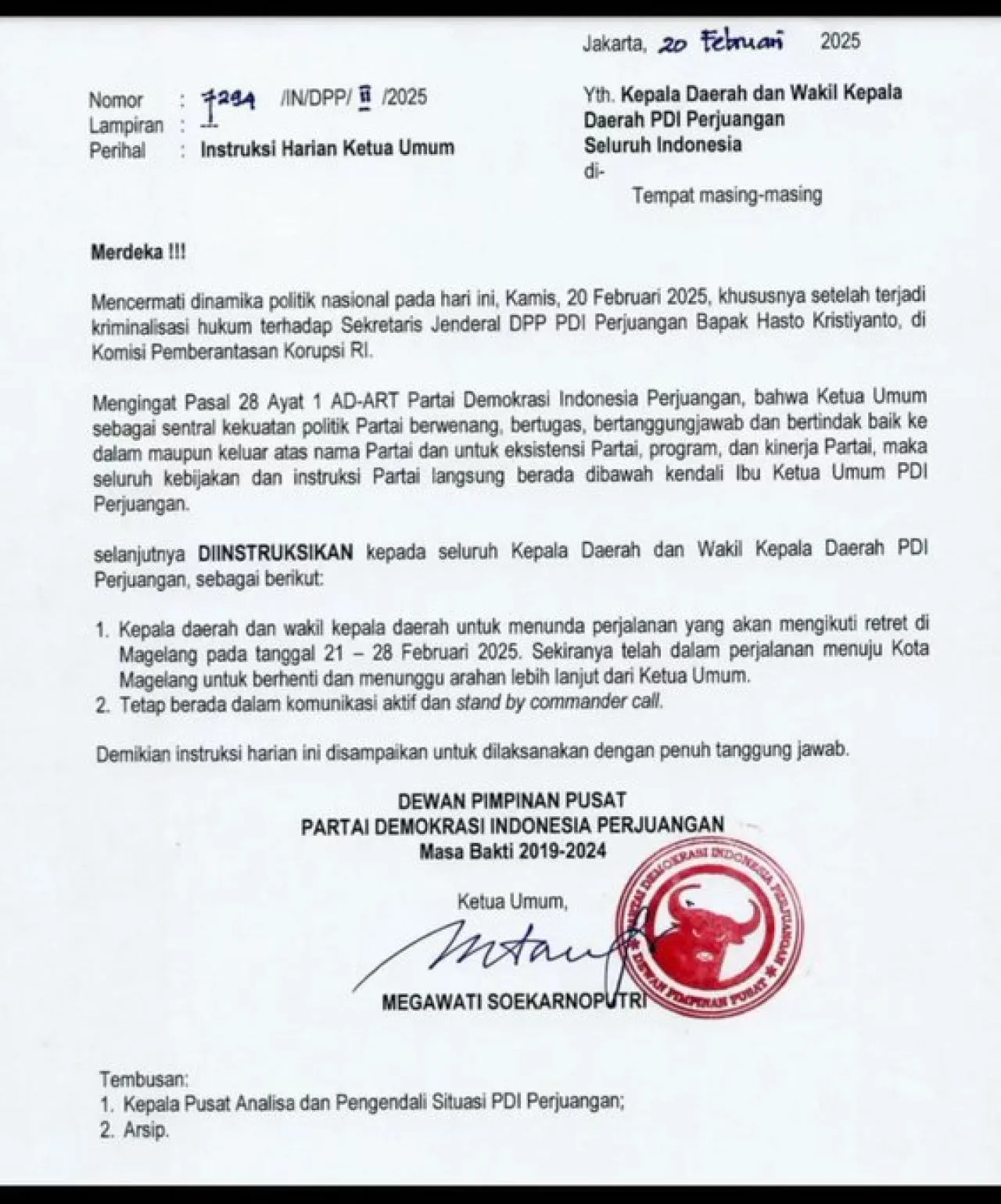 Surat Instruksi Ketua Umum PDIP agar Kepalada Daerah dari PDIP Tidak Ikut Retret