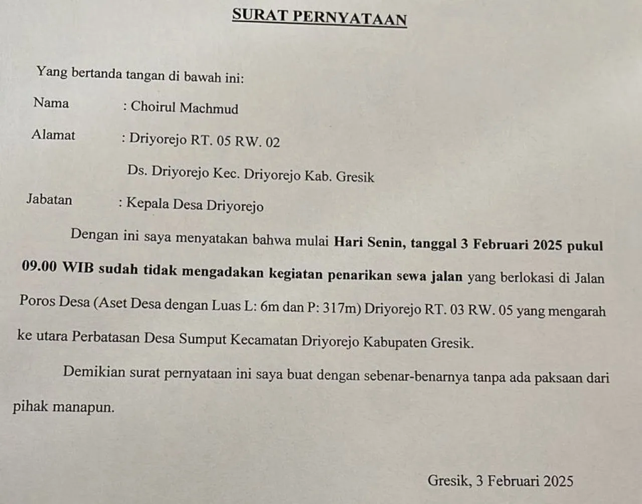 Kades Driyorejo Bikin Surat Pernyataan Imbas Pungli Portal Jalan