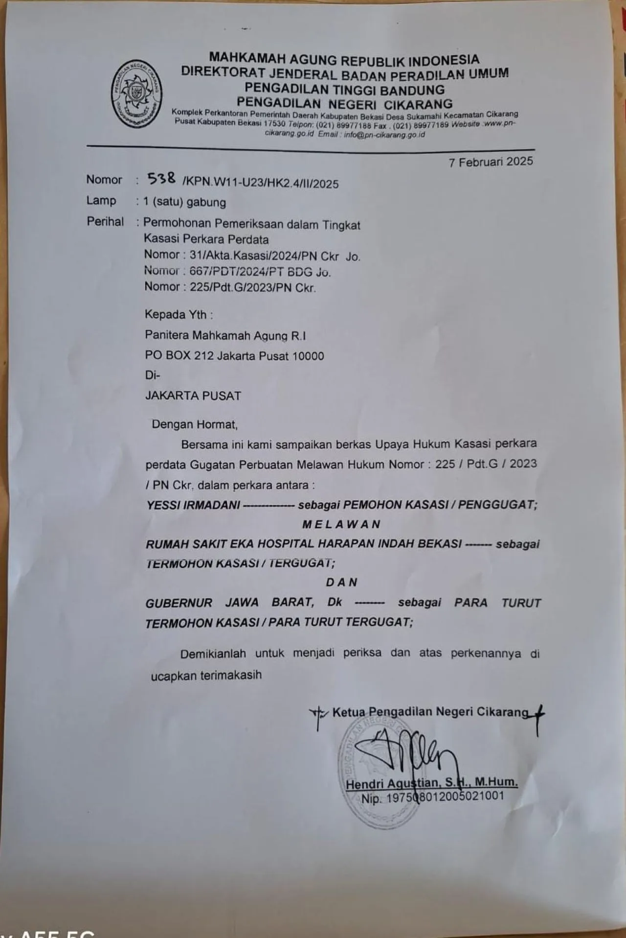 Gugatan Yessi Irmadani ke RS Eka Hospital Kandas