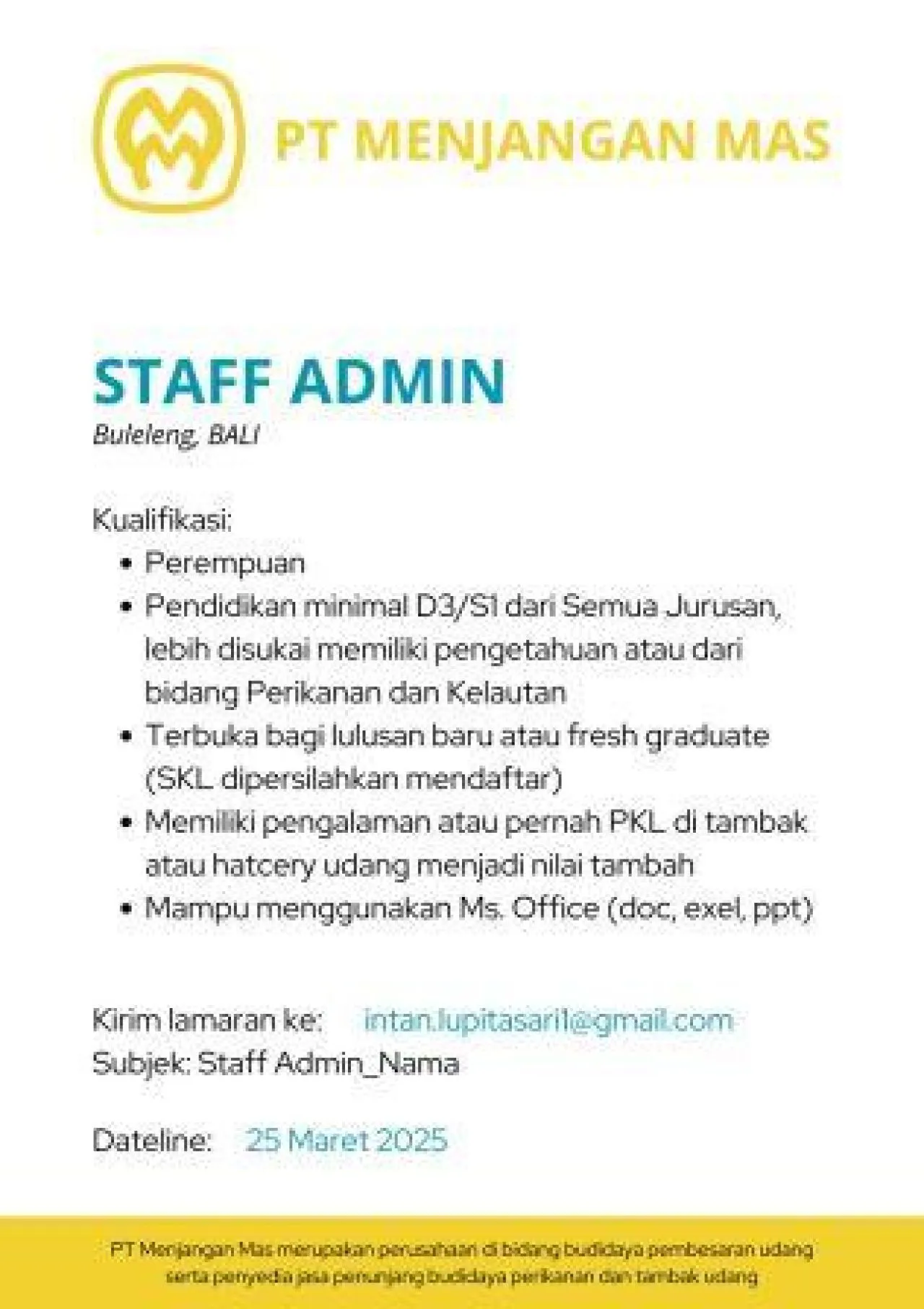 PT Menjangan Mas Buka Lowongan Kerja sebagai Staf Admin