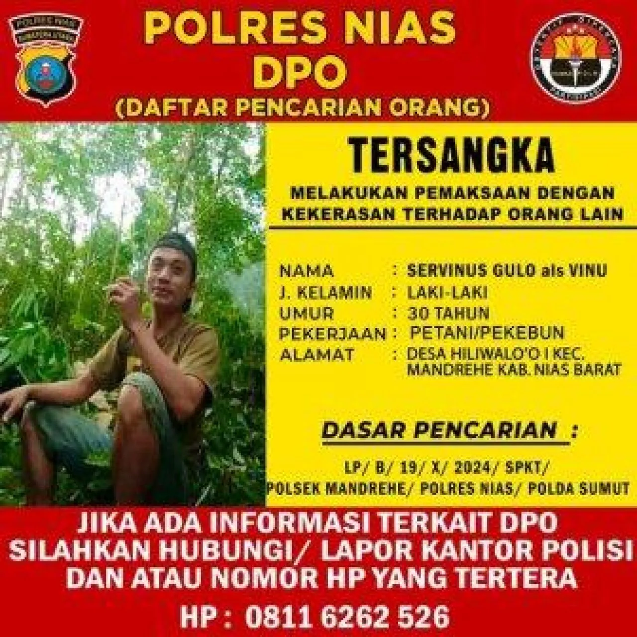 Servinus Gulo Jadi Daftar Pencarian Orang Polres Nias