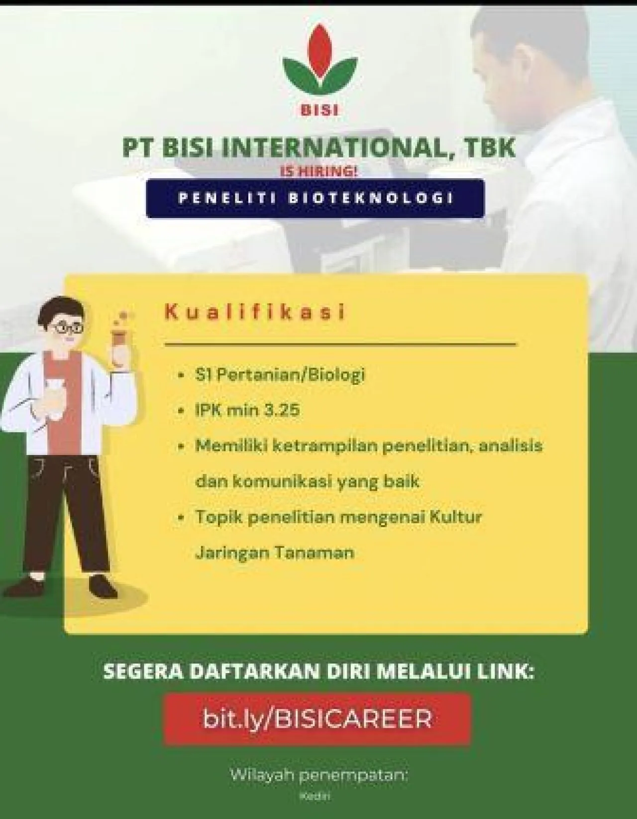 PT Bisi Internasional Tbk Buka Lowongan Peneliti Bioteknologi