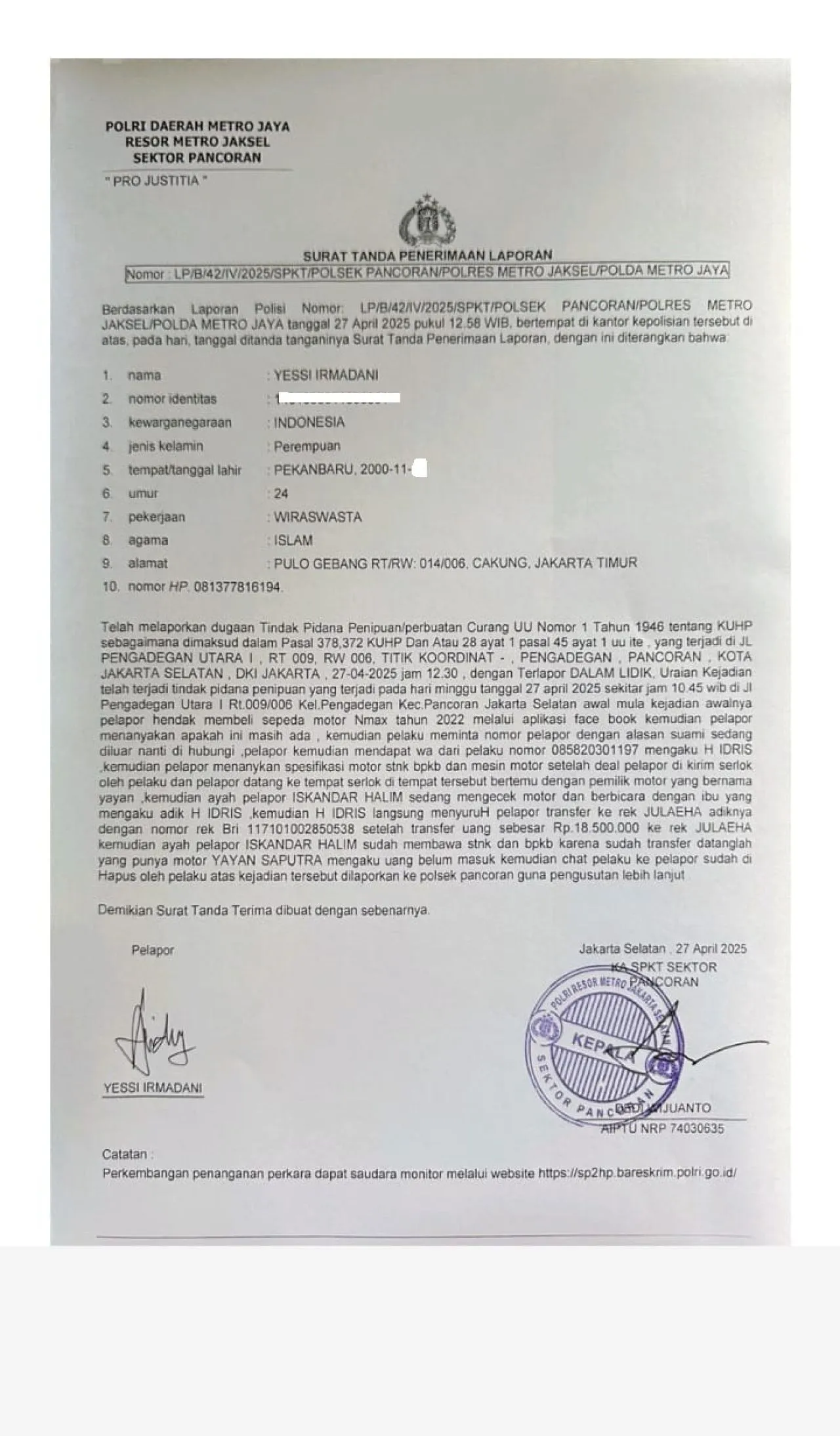 Warga Cakung Jadi Korban Penipuan Jual Beli Motor di Facebook