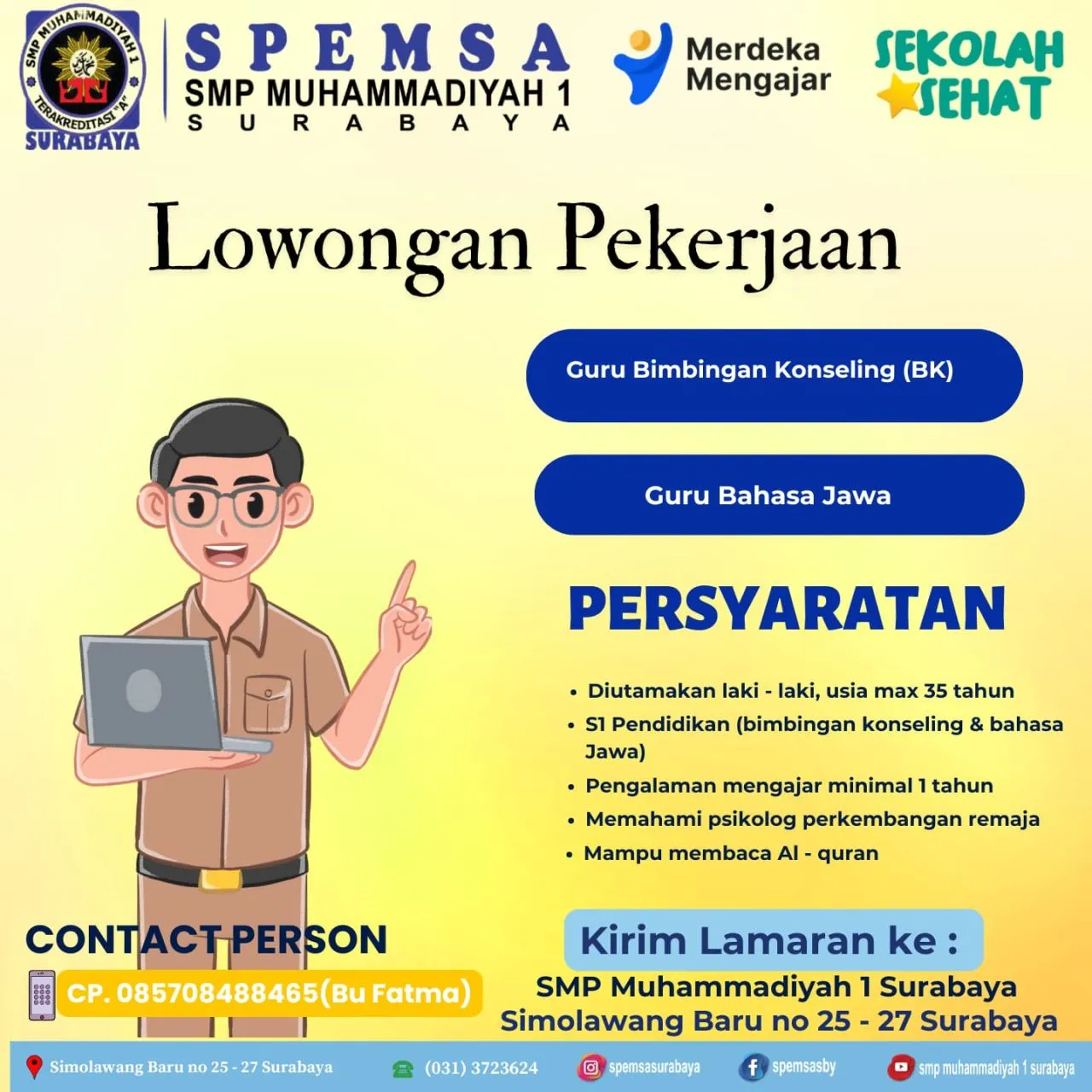 Lowongan Guru BK dan Bahasa Jawa di SMP Muhammadiyah 1 Surabaya