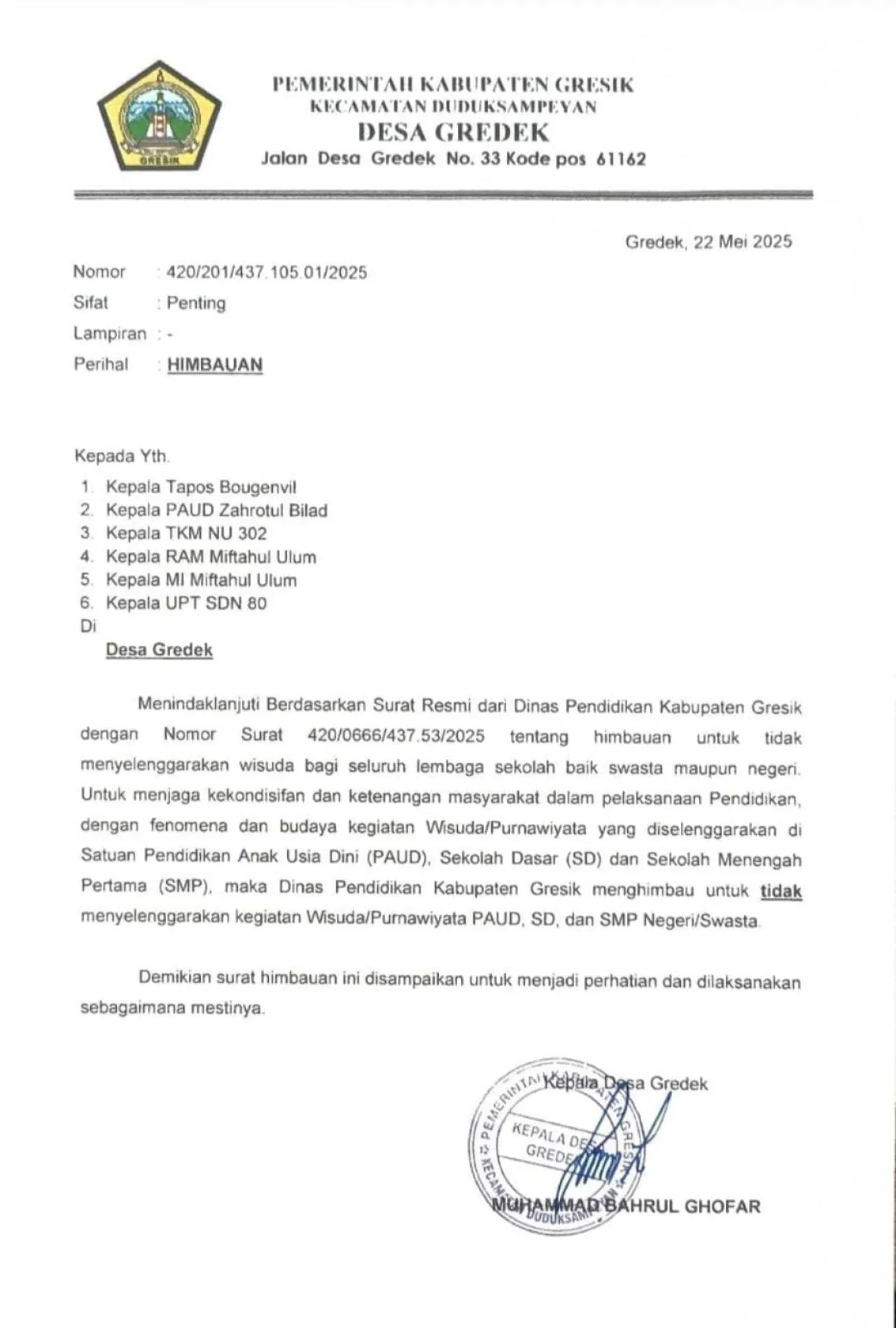 Kepala Desa Gredek Terbitkan Surat Himbauan Tentang Larangan Wisuda