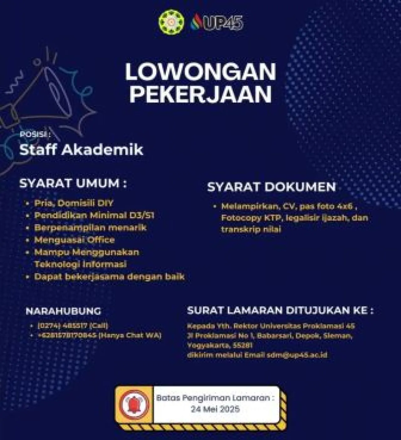 Lowongan Dosen dan Staf Akademik di Universitas Proklamasi 45 Yogyakarta