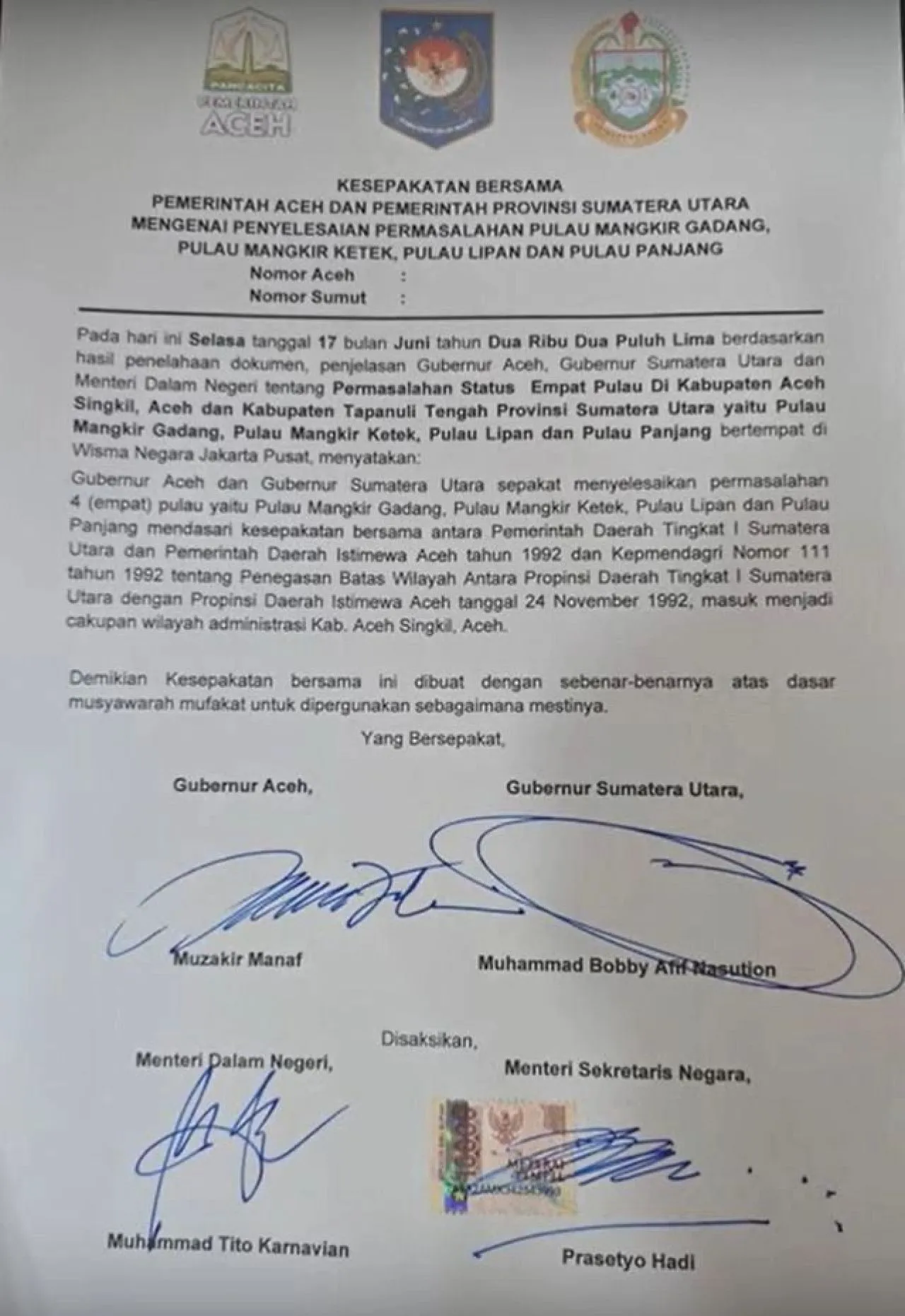Surat Kesepakatan antara Pemerintah Aceh dan Sumatera Utara Terkait 4 Pulau