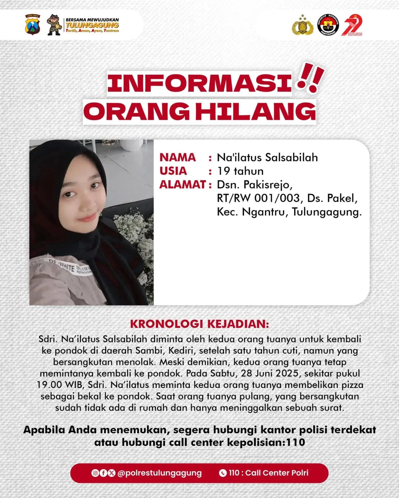 Informasi Orang Hilang Dari Desa Pakel Bernama Nailatus Salsabilah