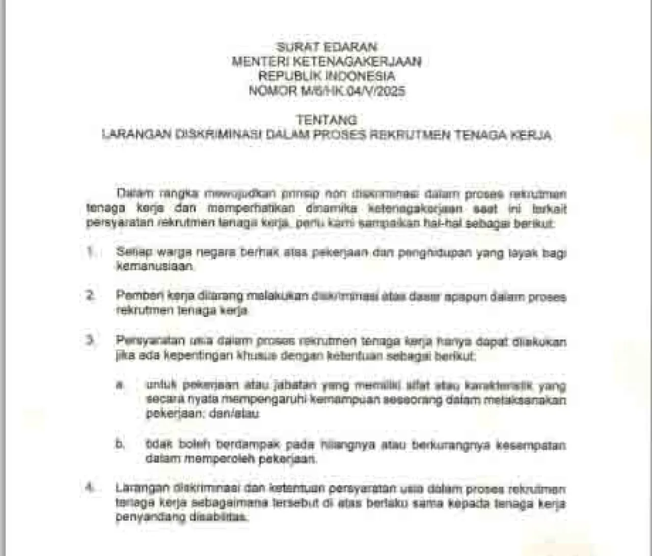 Surat Menteri Ketenagakerjaan Tentang Larangan Diskriminasi Dalam Proses Rekrutmen Tenaga Kerja