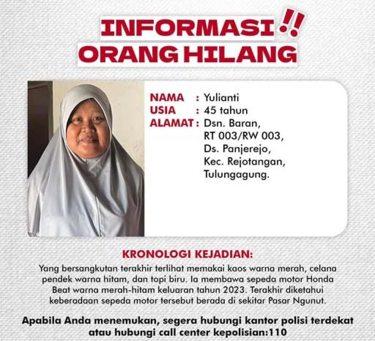 Informasi Orang Hilang Bernama Yulianti dari Desa Panjerejo