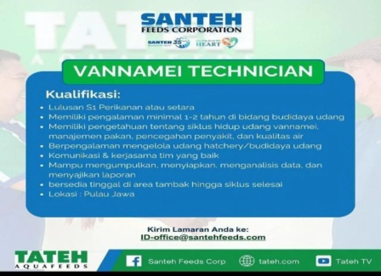 Santeh Feed Corporation Buka Lowongan Kerja Vannamei Technician