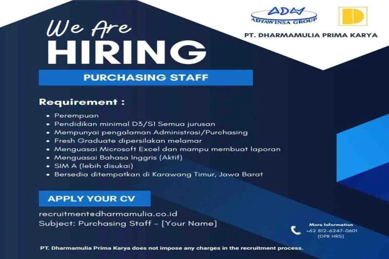 Lowongan Purchasing Staff di PT Dharmamulia Prima Karya