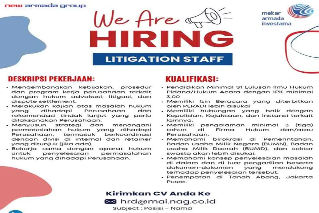 Dibutukan Litigation Staff di PT Mekar Armada Investama